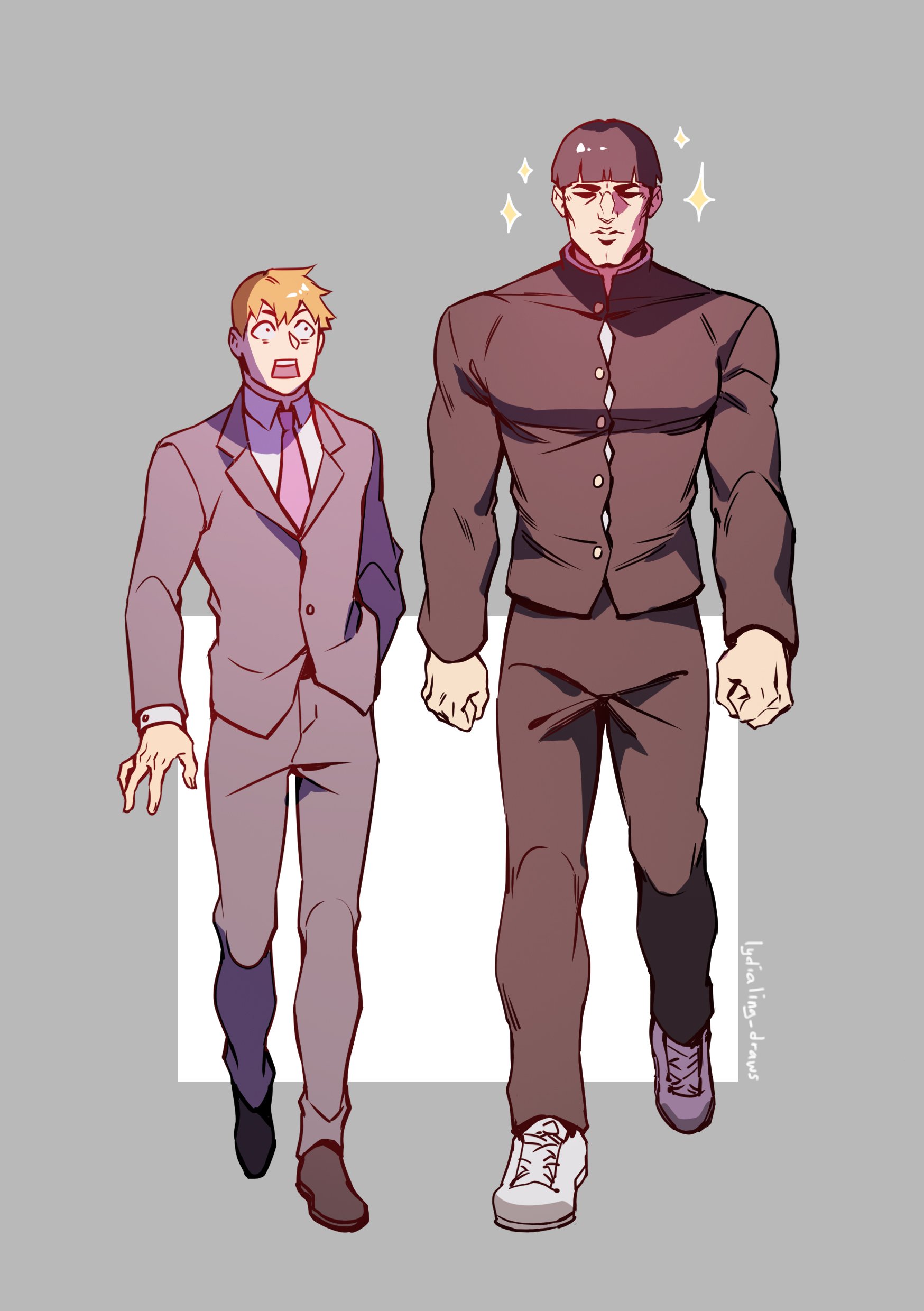 lydialing draws, kageyama shigeo, reigen arataka, mob psycho 100, absurdres, highres, 2boys, black eyes, black hair, black jacket, black pants, black shoes, blonde hair, constricted pupils, formal clothes, full body, gakuran, grey background, grey jacket, grey pants, grey suit, jacket, long sleeves, looking at another, male focus, manly, multiple boys, muscular, muscular male, necktie, open mouth, pants, pink necktie, school uniform, shoes, short hair, sparkle, suit, walking, white shoes, wide-eyed