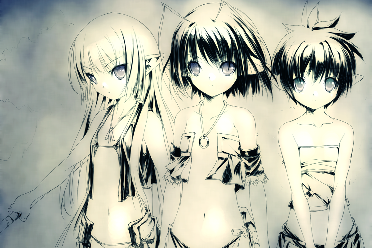 hitomaru, gensou seibutsu zukan, gensou seibutsu zukan 6, original, character request, 3girls, antenna hair, bare shoulders, child, dot nose, elf, flat chest, jewelry, loincloth, long hair, looking at viewer, midriff, monochrome, multiple girls, navel, o-ring, o-ring bottom, pendant, pointy ears, purple eyes, revealing clothes, serious, shirt, short hair, spot color, standing, strapless, strapless shirt, strapless top, upper body, v arms, very long hair, yellow theme