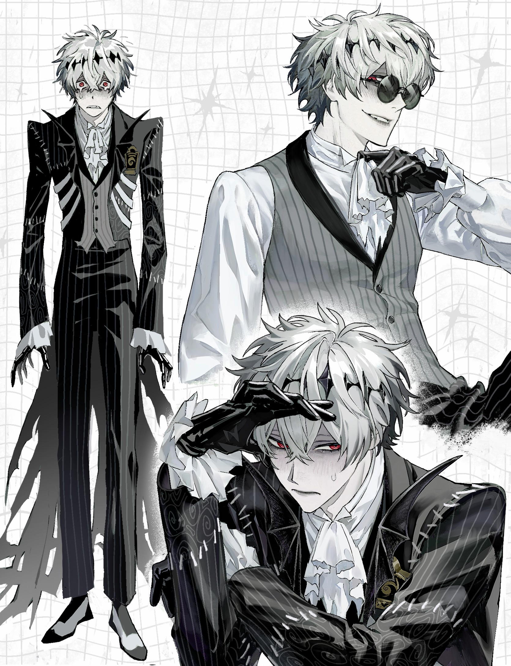 skully j. graves, twisted wonderland, commentary, english commentary, highres, 1boy, arm up, ascot, black gloves, closed mouth, colored skin, full body, gloves, grey hair, grey vest, hair between eyes, long sleeves, looking at viewer, looking to the side, multiple views, pants, pinstripe pants, pinstripe pattern, pinstripe vest, red eyes, rinrinririn187, round eyewear, shirt, short hair, smile, sunglasses, upper body, vest, waistcoat, white ascot, white background, white shirt, white skin