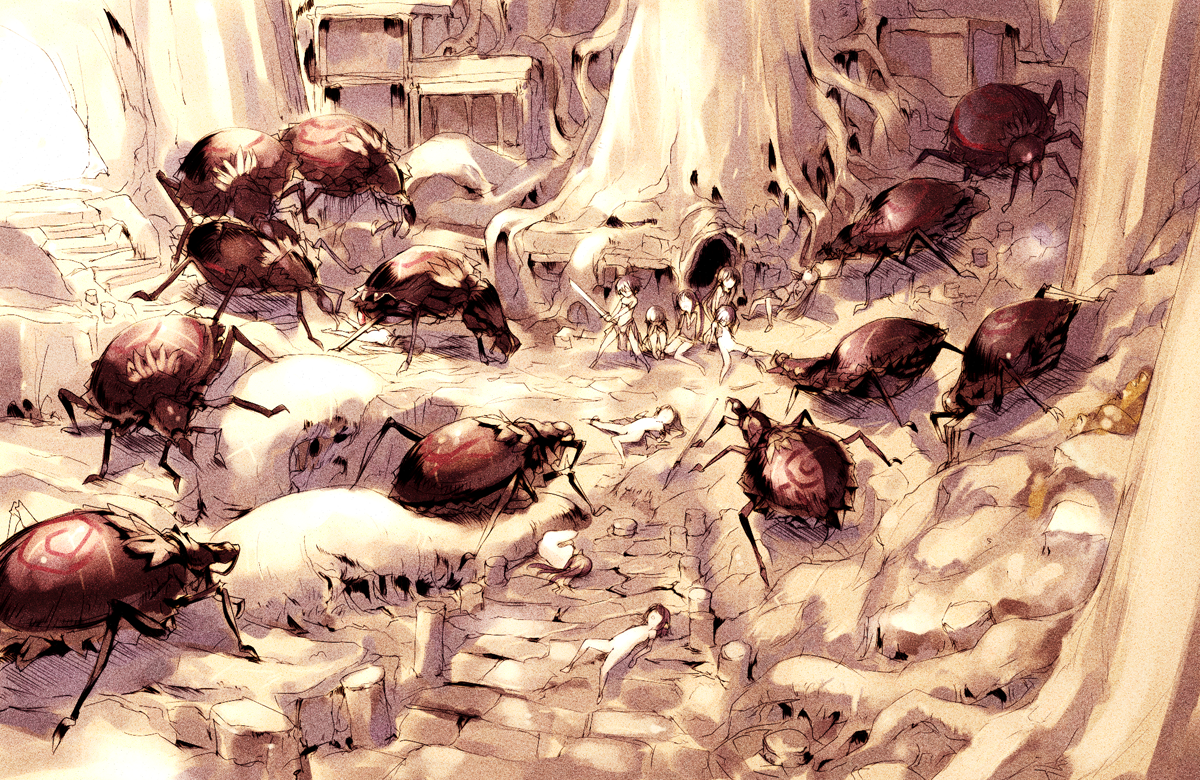 hitomaru, ling (singer), gensou seibutsu zukan, gensou seibutsu zukan 6, bodies, character request, 6+girls, aftersex, battle, bestiality, bug, death, fighting stance, interspecies, loincloth, loli, lying, monster, multiple girls, nude, on back, on floor, rape, ruins, sitting, standing, sword, tree, weapon