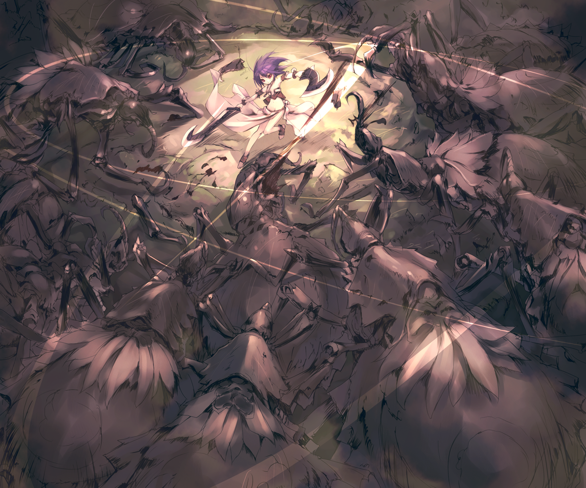 hitomaru, gensou seibutsu zukan, gensou seibutsu zukan 6, original, character request, 1girl, battle, bug, child, dual wielding, elf, flat chest, holding, holding sword, holding weapon, jewelry, light trail, monster, necklace, pointy ears, purple hair, revealing clothes, standing, standing on one leg, sword, weapon