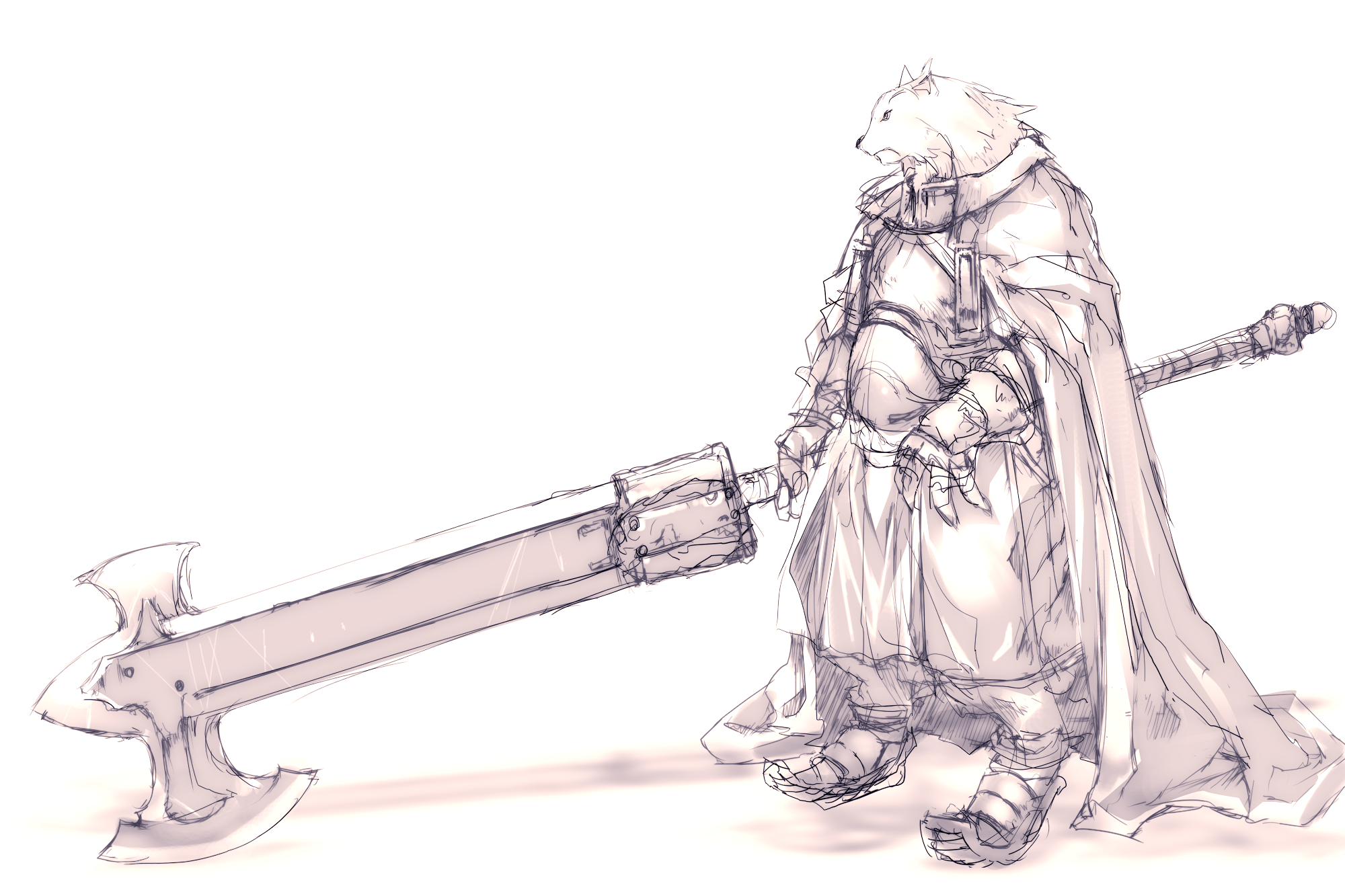 hitomaru, gensou seibutsu zukan, gensou seibutsu zukan 6, character request, highres, 1boy, armor, cape, full body, furry, furry male, huge weapon, male focus, monochrome, monster, pink theme, simple background, sketch, solo, standing, sword, weapon, white background