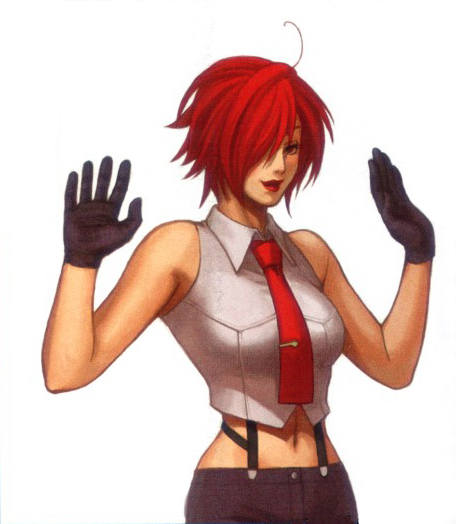 vanessa (kof), snk, the king of fighters, 1girl, female focus, gloves, lipstick, makeup, mature female, navel, necktie, red hair, short hair, solo, square-end necktie, suspenders