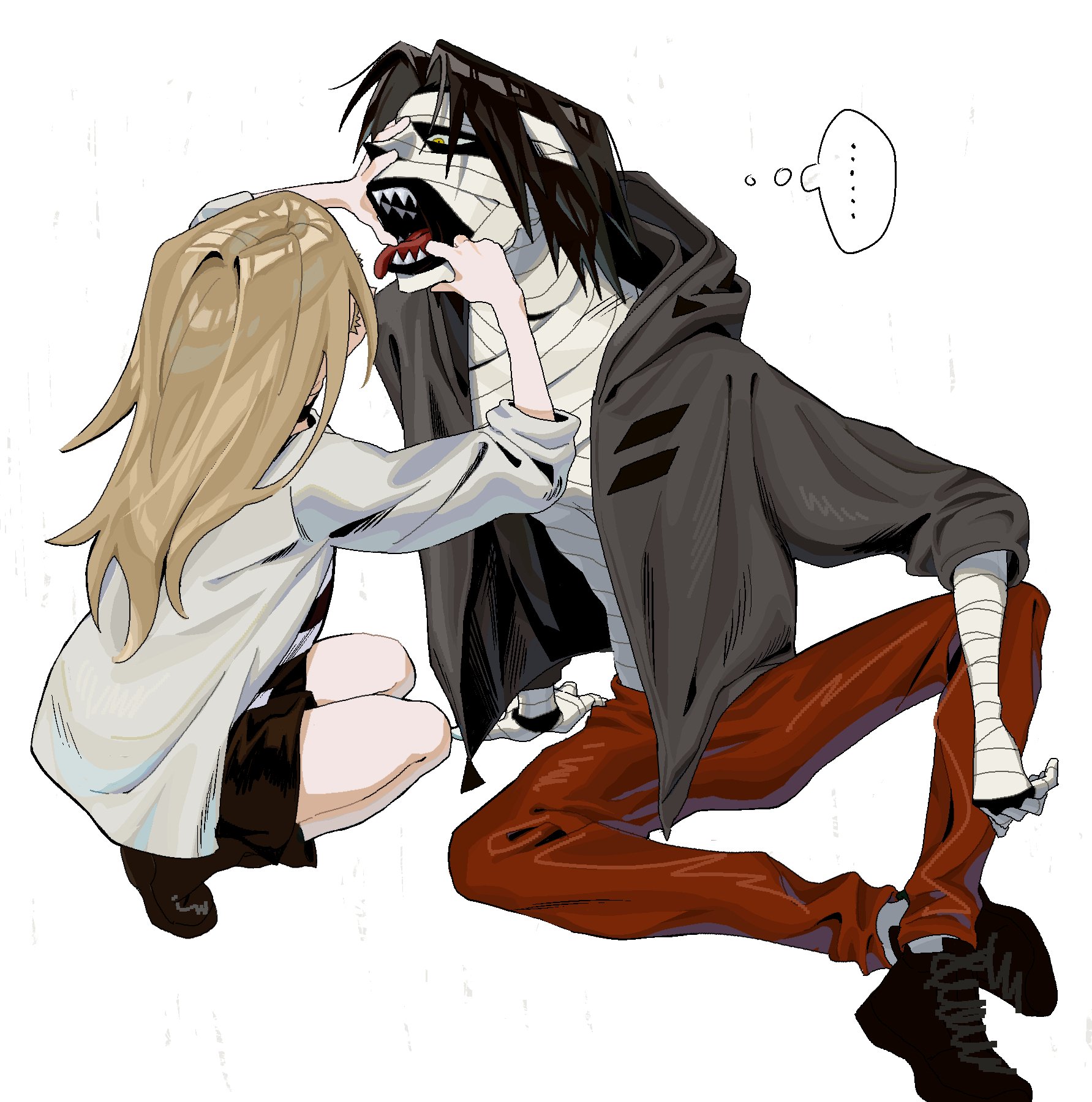 isaac foster, rachel gardner, satsuriku no tenshi, highres, 1boy, 1girl, arms up, bandaged arm, bandaged chest, bandaged head, bandages, black hair, black shoes, blonde hair, facing another, finger in another's mouth, full body, grey jacket, hood, hooded jacket, jacket, long hair, looking at another, open clothes, open jacket, open mouth, pants, parted bangs, red pants, rinrinririn187, sharp teeth, shoes, sitting, speech bubble, squatting, teeth, thought bubble, tongue, tongue out