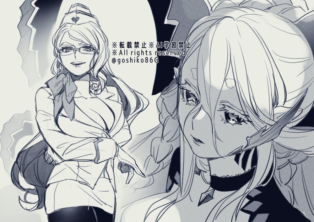 goshiko86g, koyanskaya (fate), koyanskaya (foreigner) (first ascension) (fate), tiamat (fate), tiamat (third ascension) (fate/grand order), fate/grand order, fate (series), 2girls, arms under breasts, artist name, black pantyhose, body markings, braid, breasts, choker, cleavage, collarbone, copyright notice, cowboy shot, crossed arms, english text, garrison cap, gem, greyscale, hat, horns, large breasts, lipstick, long hair, looking at viewer, makeup, monochrome, multiple girls, pantyhose, parted lips, pencil skirt, shirt, skirt, smile, star-shaped pupils, star (symbol), symbol-shaped pupils, teeth, upper body, upper teeth only, white shirt