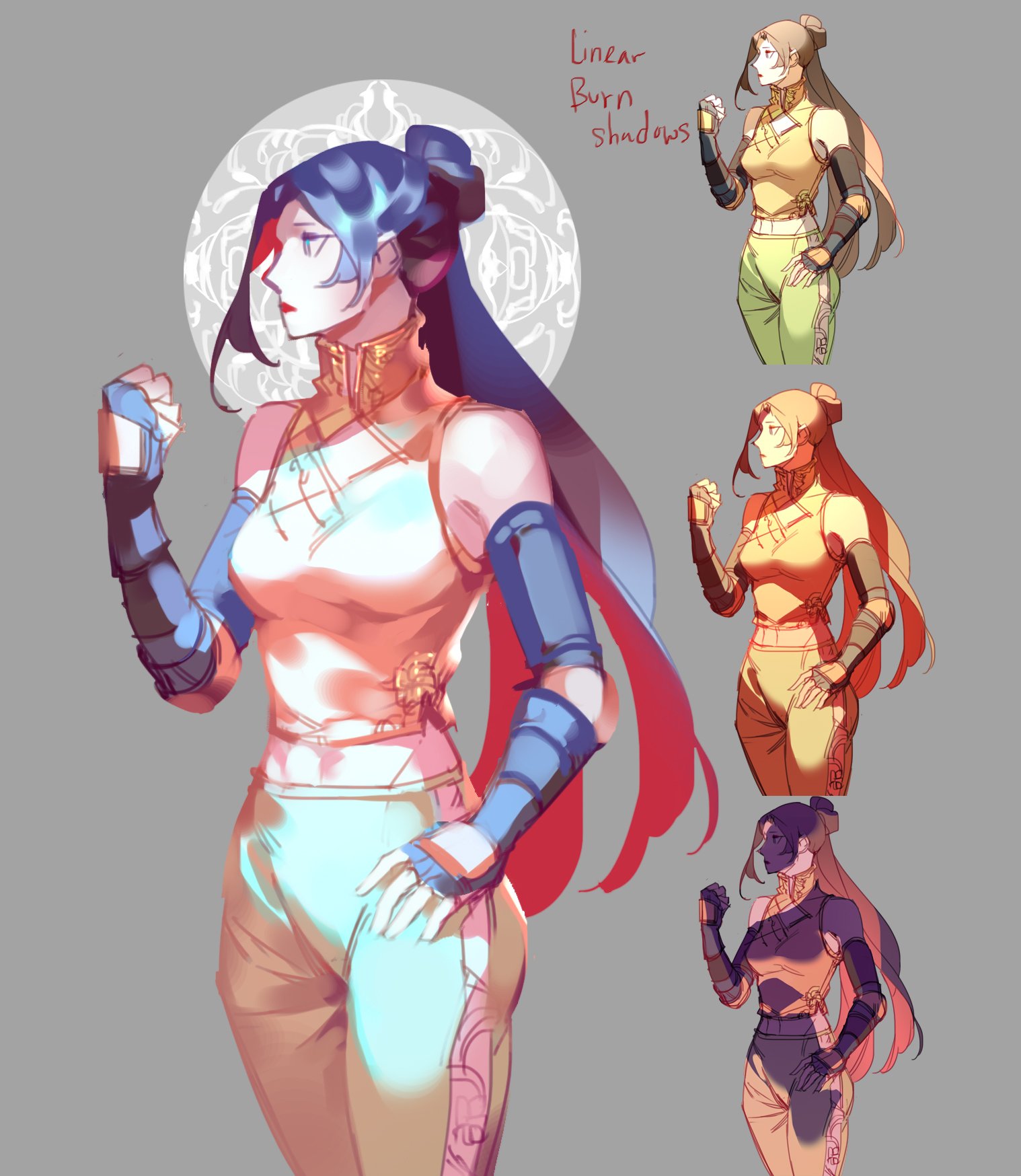 lydialing draws, original, highres, 1girl, bare shoulders, black gloves, blue eyes, blue hair, breasts, clenched hand, closed mouth, cowboy shot, fingerless gloves, gloves, green pants, grey background, hair bun, hand up, long hair, looking ahead, medium breasts, midriff, multiple views, nose, pants, shirt, single hair bun, sketch, yellow shirt