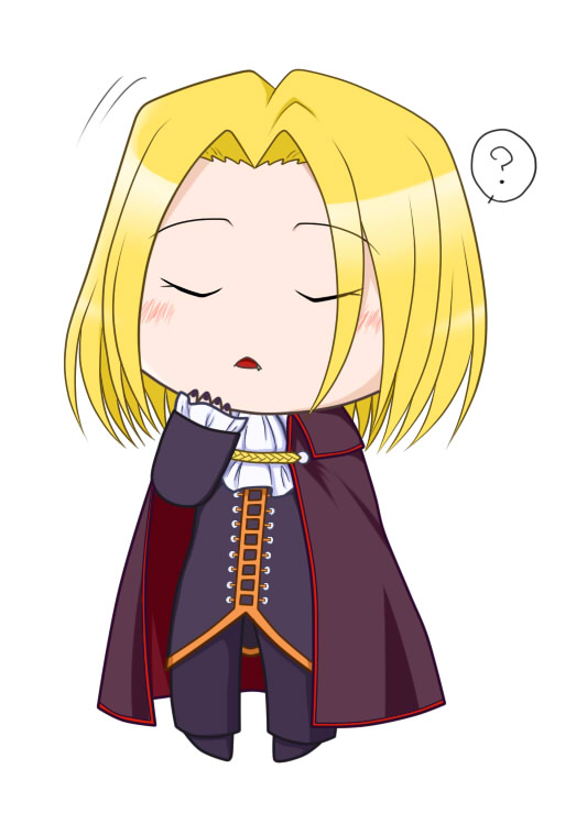 kurokaze takaomi, night of wallachia, melty blood, tsukihime, bad id, 00s, ?, blonde hair, blush, cape, chibi, closed eyes, fang, male focus, solo