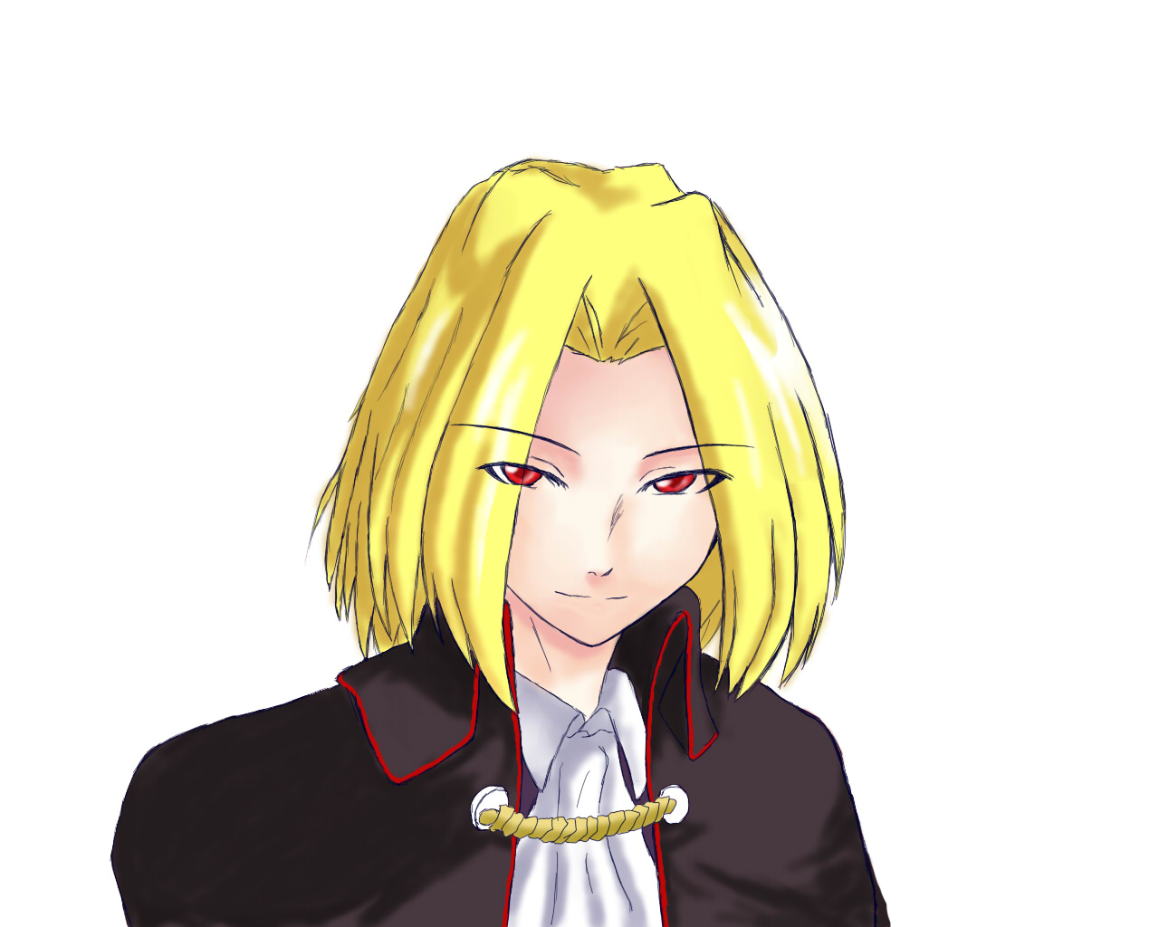teipa, night of wallachia, melty blood, tsukihime, 00s, 1boy, ascot, blonde hair, closed mouth, collar, grey background, looking at viewer, male focus, red eyes, simple background, smirk, solo