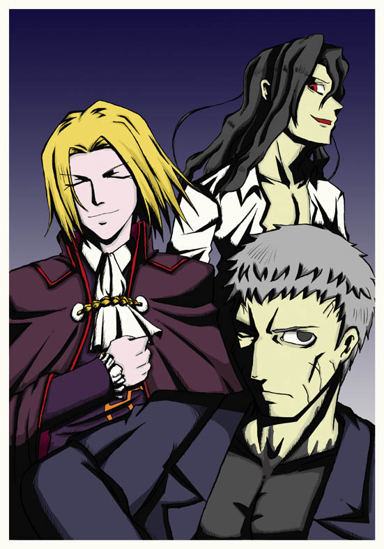 faust (greymon), michael roa valdamjong, night of wallachia, nrvnqsr chaos, melty blood, tsukihime, 00s, 3boys, ascot, black hair, blonde hair, cape, closed eyes, grey hair, hand on own chest, jacket, looking at viewer, male focus, multiple boys, open clothes, open shirt, red eyes, scar, serious, shirt, short hair, smirk