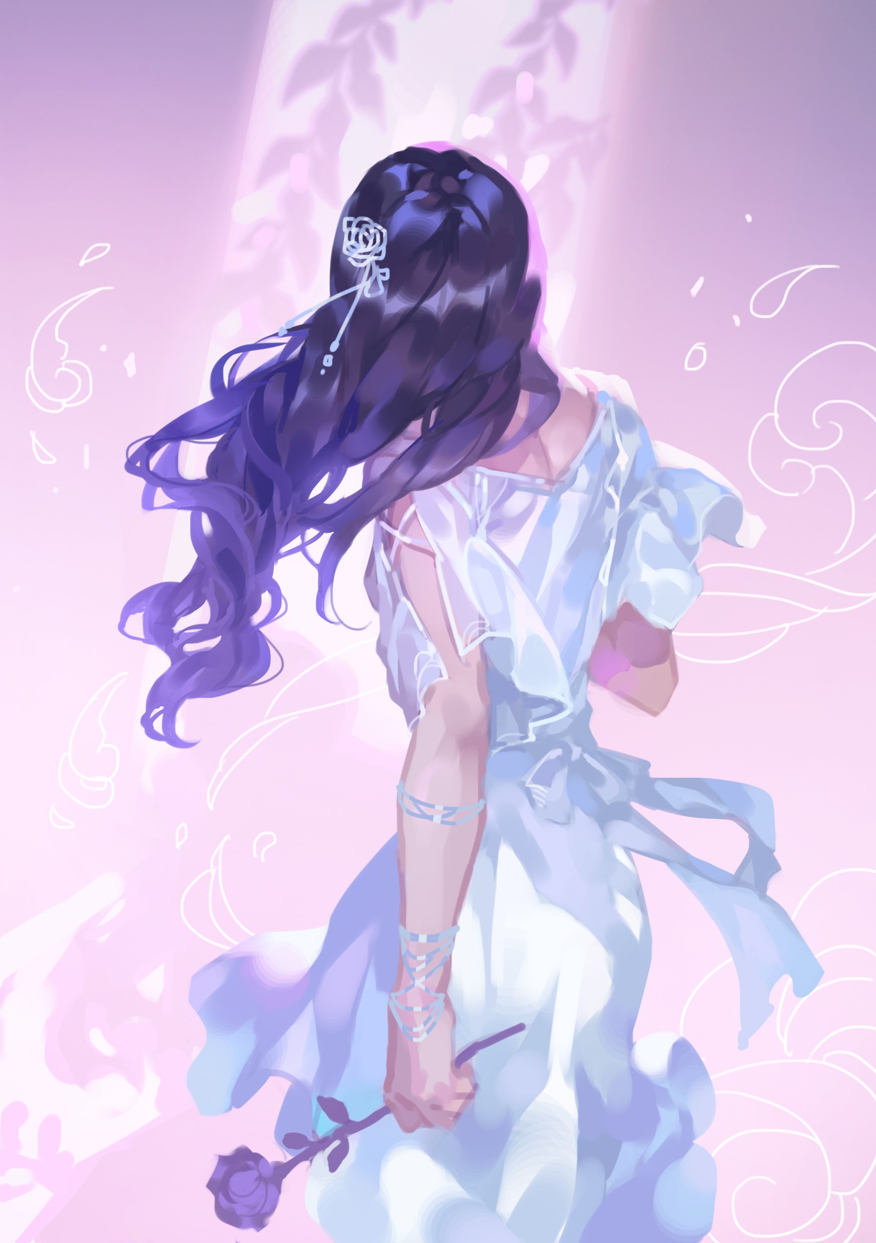 lydialing draws, original, absurdres, highres, 1girl, bracelet, cowboy shot, dress, facing away, flower, from behind, hair ornament, holding, holding flower, jewelry, long dress, long hair, pink background, purple flower, purple hair, purple rose, rose, silver bracelet, solo, white dress