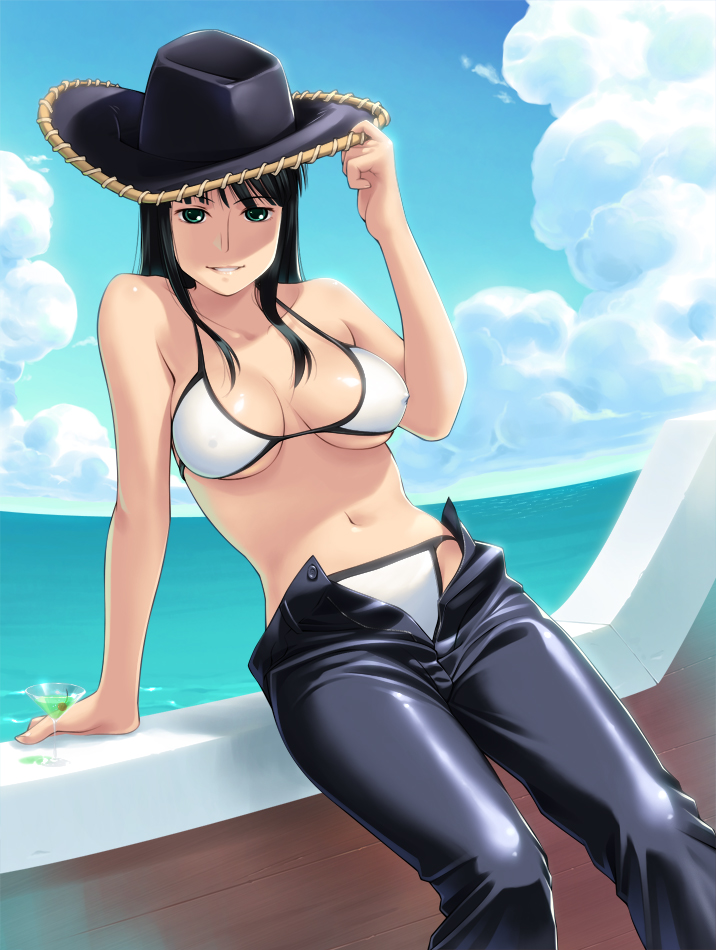 niku, nikuoji, nico robin, one piece, 1girl, arm support, bikini, bikini under clothes, black hair, breasts, day, denim, drink, female focus, green eyes, hat, jeans, large breasts, long hair, ocean, pants, solo, swimsuit, swimsuit under clothes, underboob, unzipped, white bikini, zipper