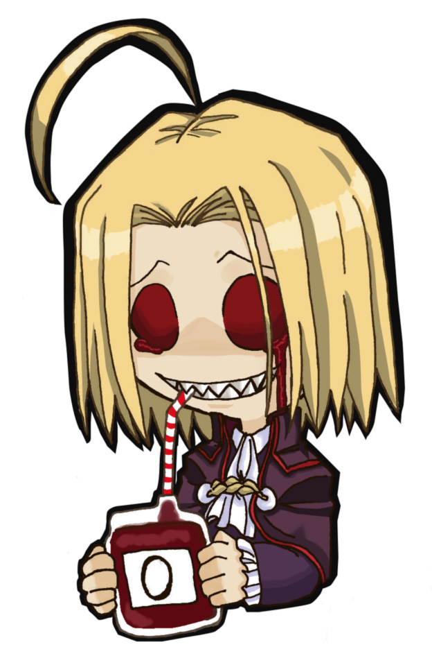 faust (greymon), night of wallachia, melty blood, tsukihime, 00s, 1boy, ahoge, blonde hair, blood, blood bag, bloody tears, cape, chibi, drinking blood, drinking straw, male focus, pun, red eyes, sharp teeth, simple background, smile, solo, teeth, vampire