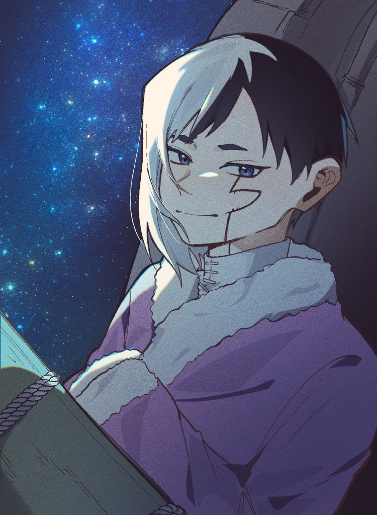 0a 9 (pixiv82791714), asagiri gen, dr. stone, 1boy, black hair, blue eyes, closed mouth, coat, fur trim, jacket, long sleeves, looking at viewer, male focus, multicolored hair, night, night sky, purple coat, purple jacket, short hair, sky, smile, solo, split-color hair, star (sky), starry sky, two-tone hair, upper body, white hair