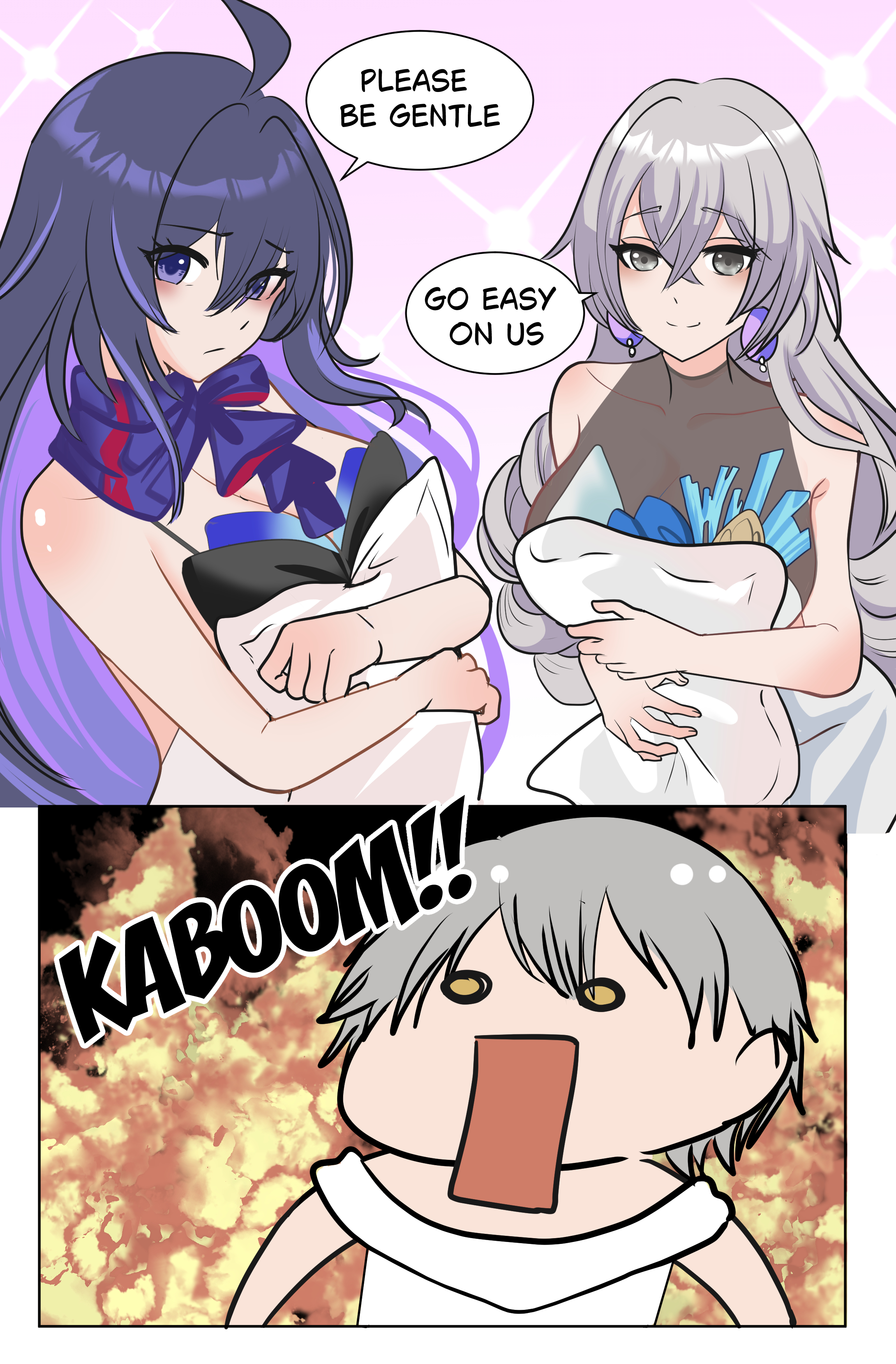 bronya rand, caelus (honkai: star rail), seele (honkai: star rail), trailblazer (honkai: star rail), honkai: star rail, honkai (series), absurdres, highres, second-party source, 1boy, 2girls, ahoge, barabin, black hair, breasts, cleavage, closed mouth, collarbone, crossed bangs, earrings, english text, grey eyes, grey hair, hair between eyes, jewelry, long hair, multicolored hair, multiple girls, open mouth, pillow, purple hair, speech bubble, streaked hair, yellow eyes