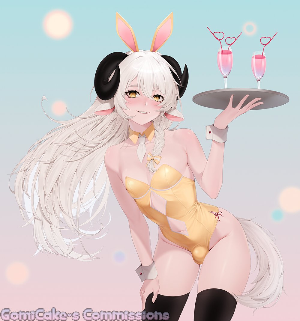 gomicake, original, commentary, commission, 1boy, animal ears, artist name, blush, braid, bulge, clothing cutout, cup, drinking glass, drinking straw, fake animal ears, holding, holding tray, horns, leotard, long sleeves, navel, navel cutout, sheep boy, sheep horns, solo, strapless, strapless leotard, thighhighs, trap, tray, waiter, white hair, wrist cuffs, yellow leotard