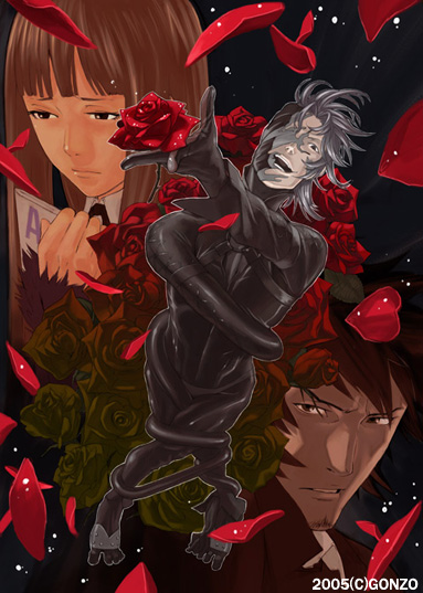 kozaki yuusuke, saiga tatsumi, shirogane katsuya, tennouzu kagura, speed grapher, official art, 00s, 1girl, 2boys, flower, multiple boys, rose