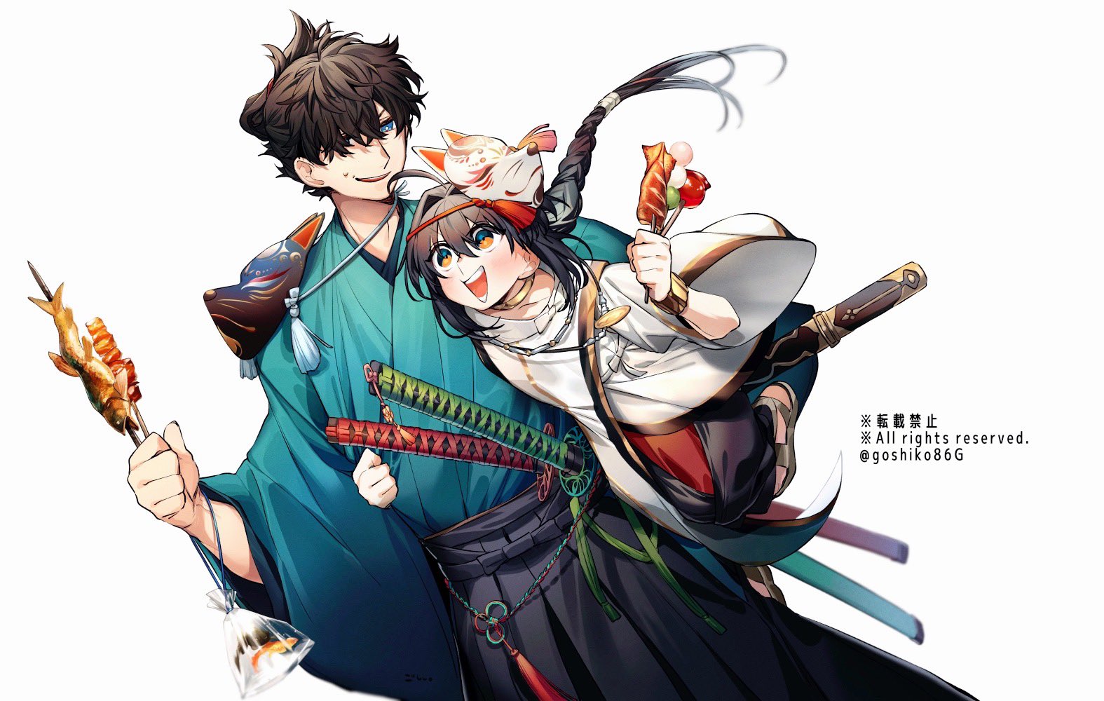 goshiko86g, miyamoto iori (fate), yamato takeru (fate), fate/samurai remnant, fate (series), 1boy, 1other, ahoge, black hair, black hakama, blue eyes, braid, braided ponytail, cowboy shot, food, full body, gradient hair, green kimono, grin, hair intakes, hair over one eye, hair tie, hakama, holding, holding food, japanese clothes, katana, kimono, leaning on person, long sleeves, mask, mask on head, medium hair, multicolored hair, parted lips, scabbard, sheath, short hair, sidelocks, smile, sweatdrop, sword, tassel, teeth, unworn mask, upper teeth only, weapon, white hair, wide sleeves