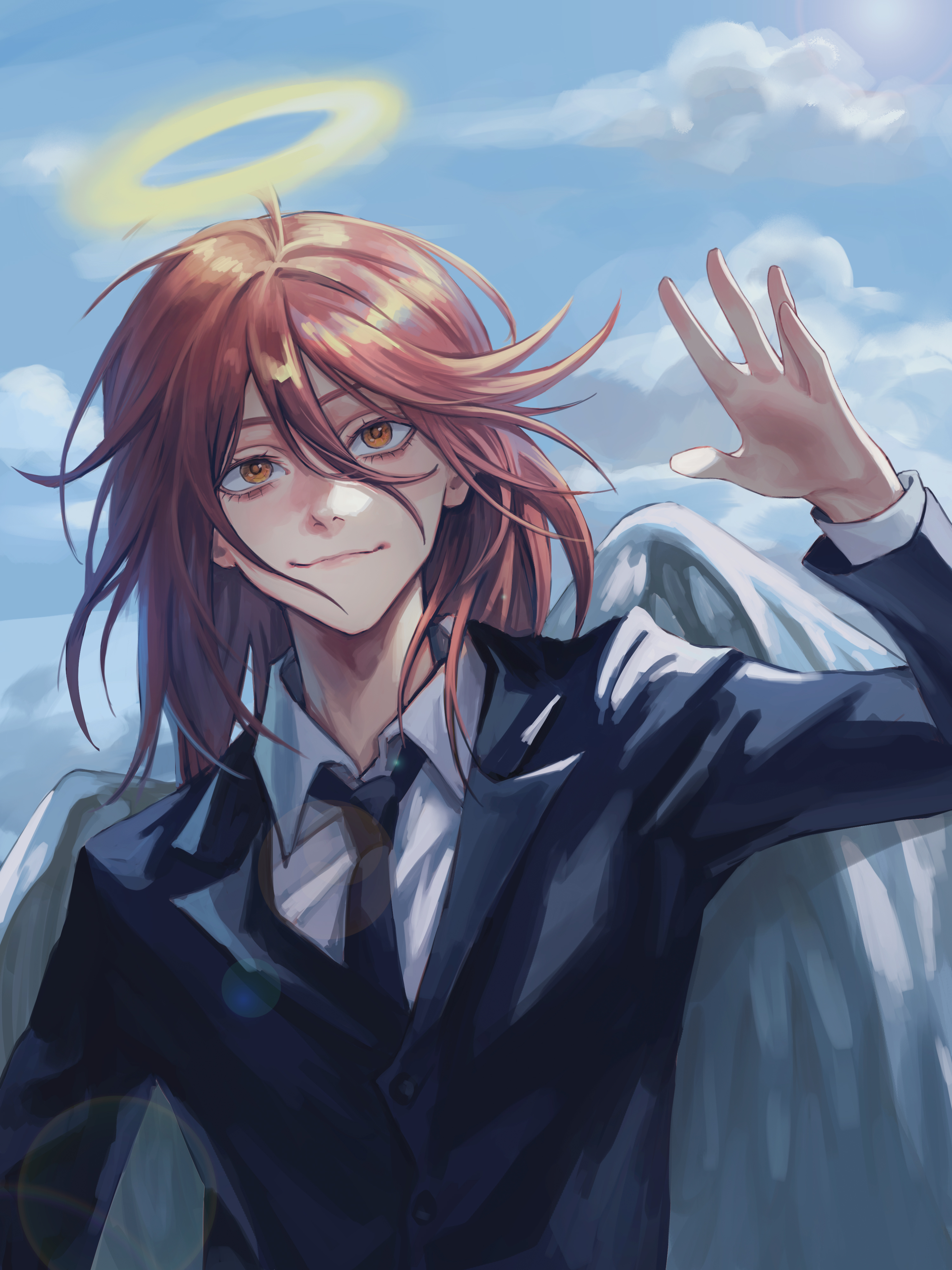 staryoruu, angel devil (chainsaw man), chainsaw man, absurdres, commentary request, highres, 1boy, angel wings, black necktie, collared shirt, hair between eyes, halo, jacket, long hair, male focus, necktie, shirt, smile, solo, suit jacket, traditional halo, upper body, white shirt, white wings, wings, yellow eyes