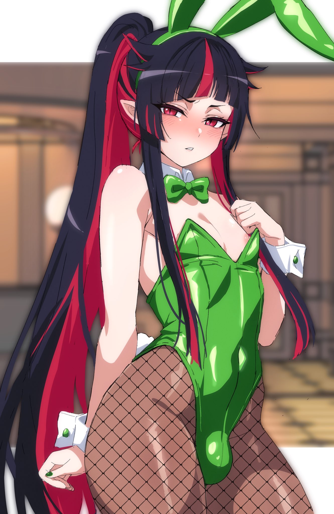 zanegoodell, lilia vanrouge, twisted wonderland, commentary, highres, 1boy, animal ears, black hair, bow, bowtie, bulge, cowboy shot, fake animal ears, fishnet pantyhose, fishnets, green bow, green bowtie, green leotard, green nails, high ponytail, leotard, long hair, looking at viewer, male focus, male playboy bunny, multicolored hair, pantyhose, parted lips, pointy ears, ponytail, red eyes, red hair, sidelocks, solo, split-color hair, standing, strapless, strapless leotard, trap, wrist cuffs