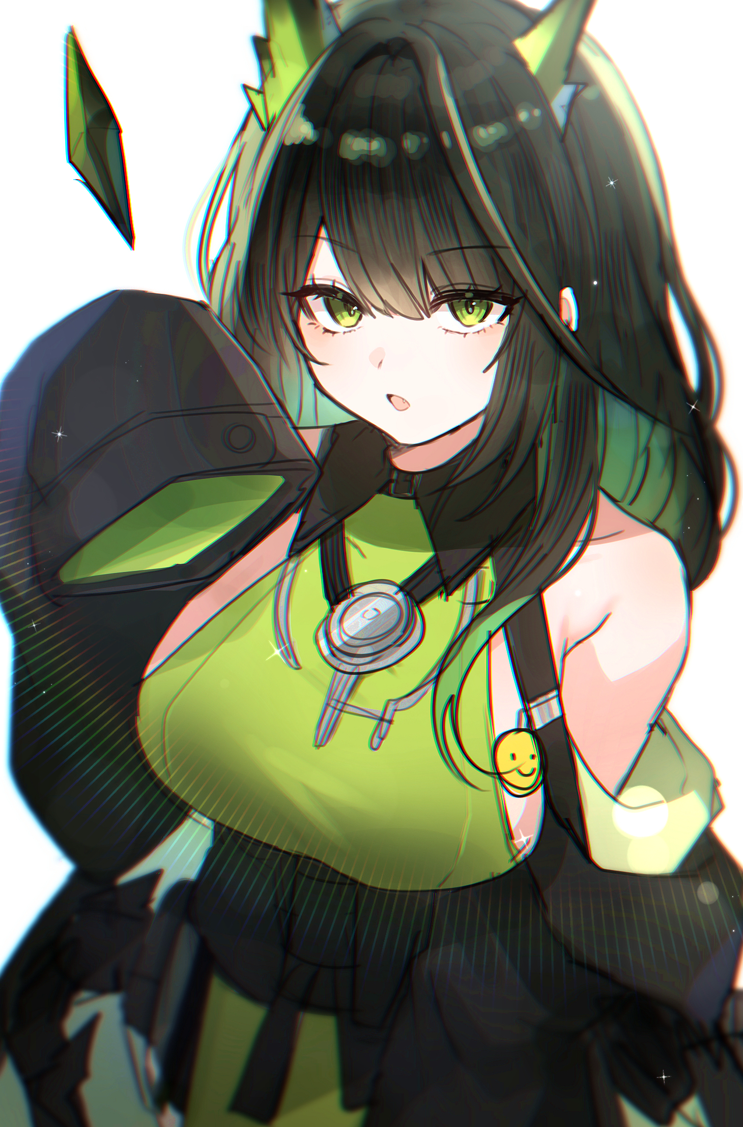 hyeroin, mon3tr (arknights), arknights, highres, 1girl, :o, aura, bare shoulders, black hair, black jacket, breasts, chromatic aberration, colored inner hair, crystal, emoji, green eyes, green hair, hair between eyes, hand up, jacket, large breasts, light particles, medium hair, multicolored hair, off shoulder, open mouth, simple background, sleeves past fingers, sleeves past wrists, solo, white background