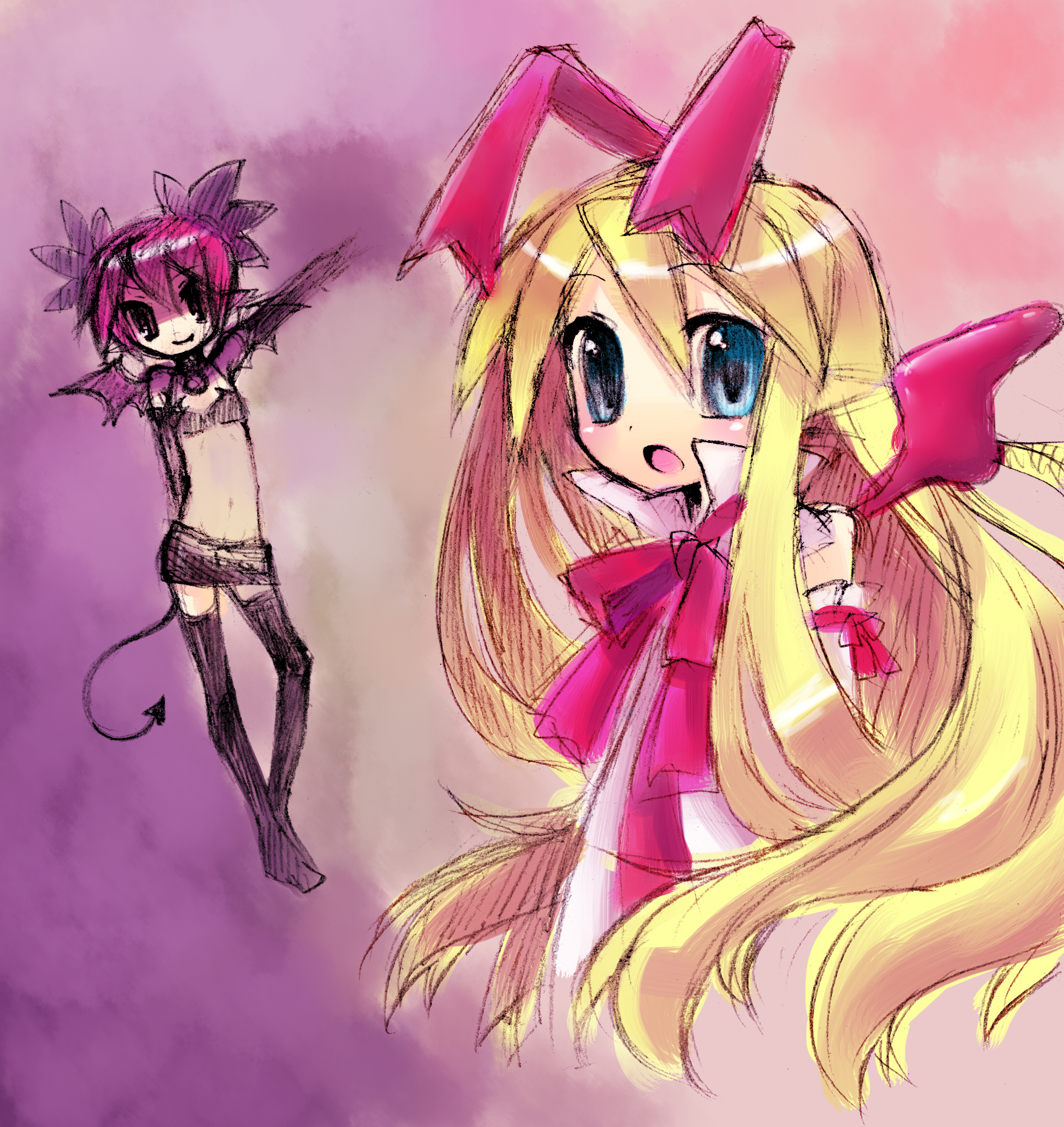 navio, etna (disgaea), flonne, flonne (fallen angel), disgaea, bad id, bad pixiv id, highres, mixed media, 2girls, bat wings, blonde hair, blue eyes, choker, demon girl, detached sleeves, elbow gloves, fallen angel, flat chest, gloves, hair ribbon, long hair, miniskirt, multiple girls, red hair, ribbon, sketch, skirt, tail, thighhighs, wings