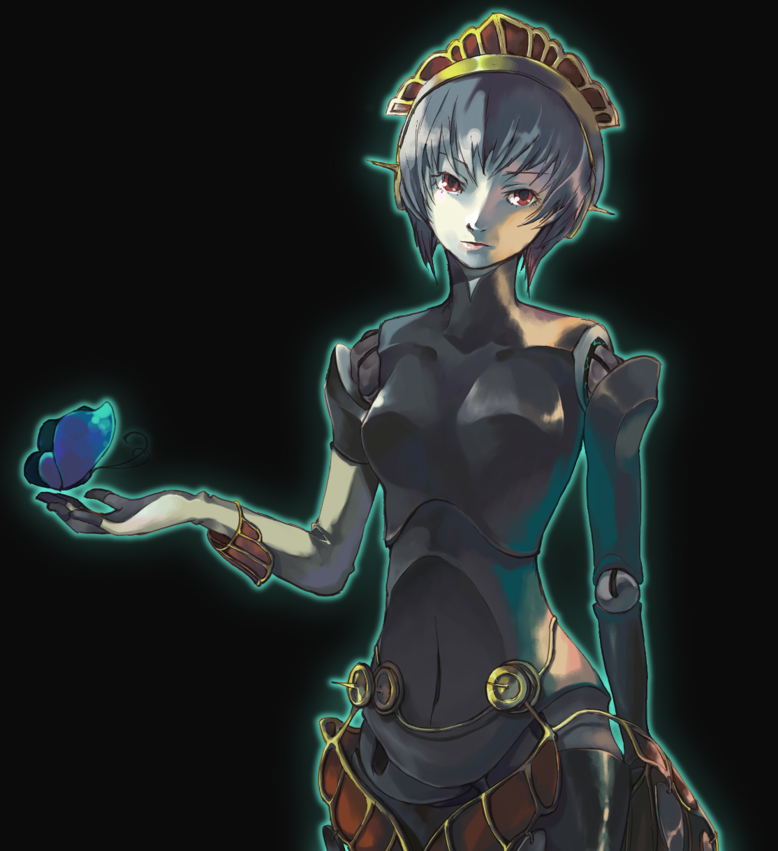 35, metis (persona), atlus, persona, persona 3, bad id, bad pixiv id, highres, android, black hair, bug, butterfly, doll joints, insect, joints, red eyes, robot joints, short hair, solo