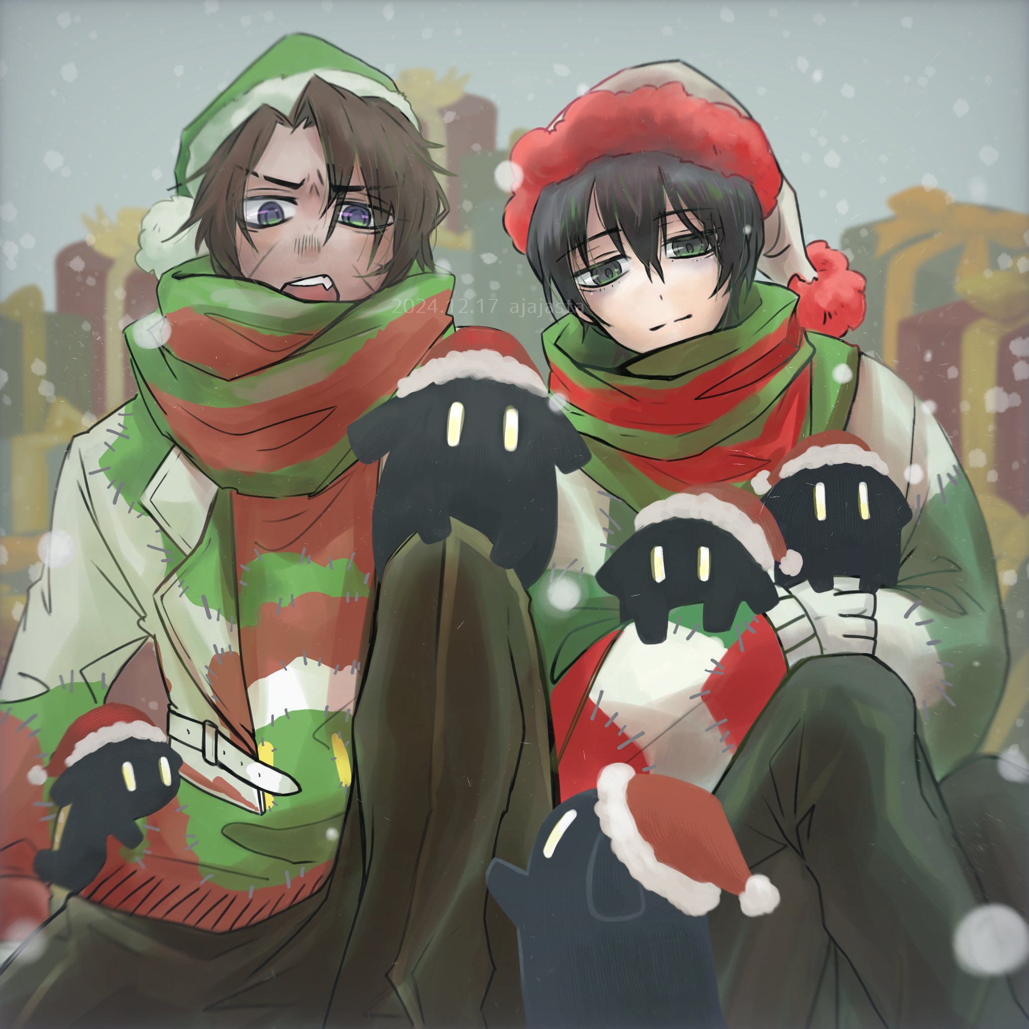 ajajasta, heathcliff (project moon), yi sang (project moon), limbus company, project moon, highres, 2boys, black eyes, black hair, brown pants, closed mouth, dark-skinned male, dark skin, e.g.o (project moon), gnome (project moon), hat, holiday (e.g.o), jacket, knee up, lapels, male focus, multiple boys, notched lapels, open mouth, pants, red hat, santa hat, smile, snow, white jacket