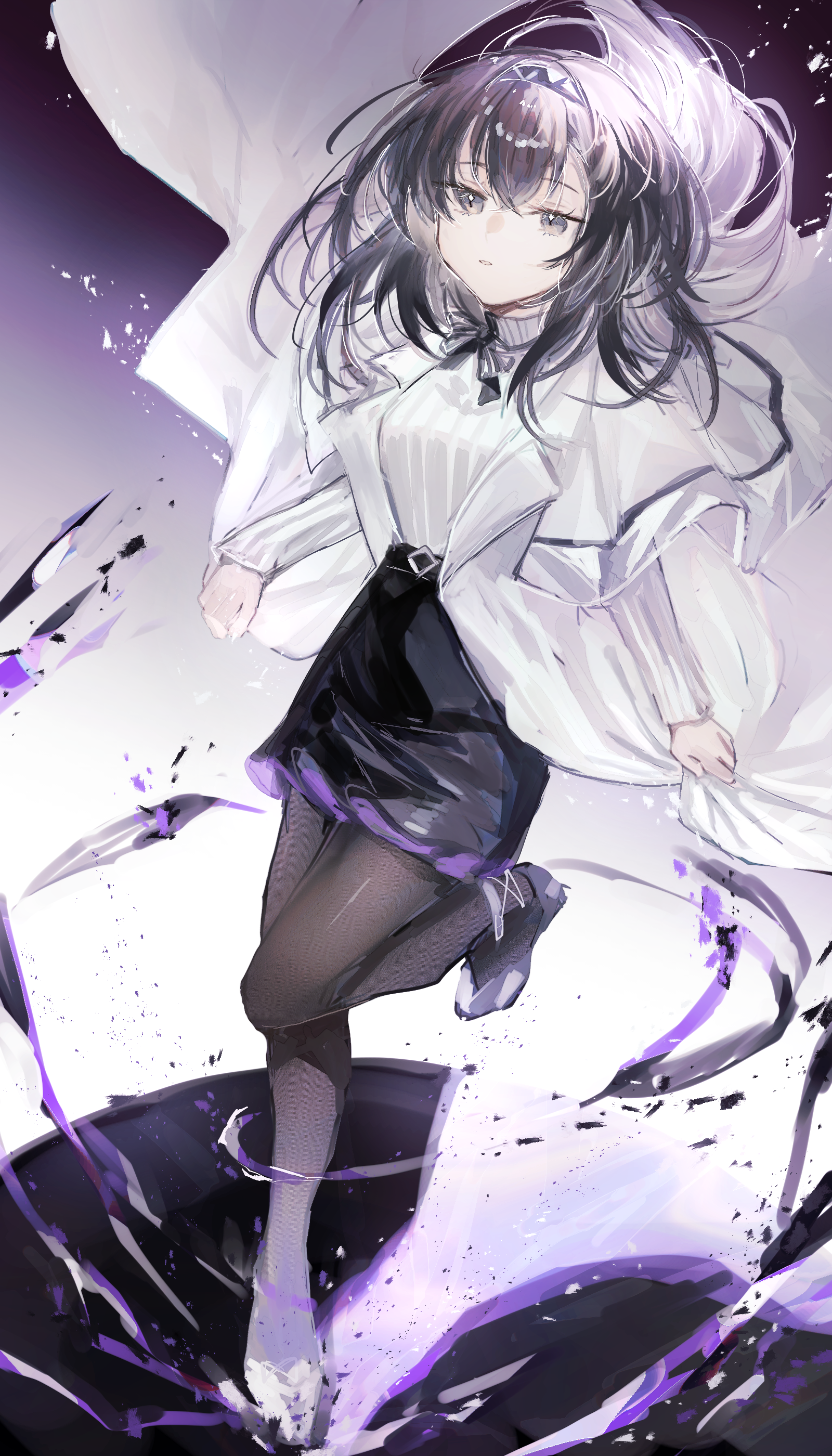 fumi (rdbm), priestess (arknights), arknights, absurdres, commentary request, highres, partial commentary, 1girl, black hair, black hairband, black shoes, black skirt, bright pupils, brown pantyhose, coat, floating hair, grey eyes, hairband, holding, holding coat, holding unworn clothes, lab coat, long sleeves, medium hair, miniskirt, open clothes, open coat, pantyhose, pencil skirt, shoes, skirt, solo, sweater, turtleneck, turtleneck sweater, unworn coat, white coat, white pupils, white sweater