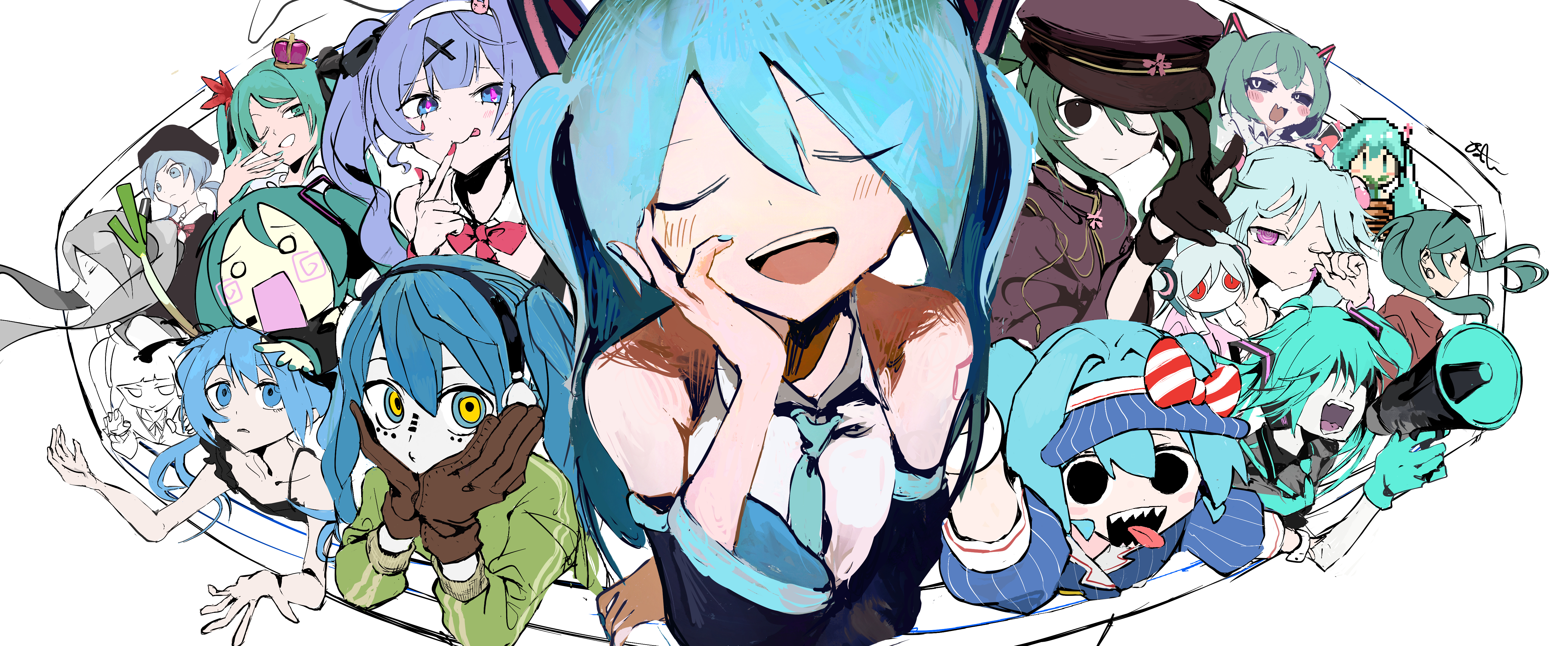 pinosan, aimaina, andromedako, hachune miku, hatsune miku, alien alien (vocaloid), hajimete no koi ga owaru toki (vocaloid), hello planet (vocaloid), ievan polkka (vocaloid), koi wa sensou (vocaloid), matryoshka (vocaloid), mesmerizer (vocaloid), mimukauwa nice try (vocaloid), rabbit hole (vocaloid), ren'ai saiban (vocaloid), senbonzakura (vocaloid), shinkai shoujo (vocaloid), slow motion (vocaloid), suna no wakusei (vocaloid), vocaloid, world is mine (vocaloid), absurdres, highres, 6+girls, :p, animal ears, aqua eyes, aqua gloves, aqua hair, aqua nails, aqua necktie, beret, black dress, black eyes, black gloves, black hat, black ribbon, black sclera, black shirt, blue dress, blue hair, blue hat, blush, bow, brown gloves, card, chibi, claw pose, closed eyes, closed mouth, colored sclera, crown, detached sleeves, dress, drooling, earrings, eyewear on head, facial mark, fake animal ears, finger to mouth, fisheye, floating hair, flower pot, food, gloves, green jacket, grey hair, grin, hair ornament, hair over eyes, hair ribbon, hand on own cheek, hand on own face, hands on own cheeks, hands on own face, hat, headphones, holding, holding card, holding flower pot, holding megaphone, jacket, jewelry, long hair, long sleeves, looking at viewer, megaphone, miku day, mini crown, mouth drool, multicolored eyes, multiple girls, neck ribbon, necktie, no pupils, o o, one eye closed, open mouth, outstretched arms, peaked cap, pink bow, pink eyes, pink nails, pink pupils, pink ribbon, pixel art, plant, pointing, potted plant, puffy short sleeves, puffy sleeves, purple hat, purple jacket, rabbit ears, red eyes, red jacket, red ribbon, ribbon, ringed eyes, rubbing eyes, sharp teeth, shirt, short sleeves, smile, songover, spaghetti strap, spring onion, striped bow, striped clothes, striped dress, striped hat, swirl, teeth, tongue, tongue out, twintails, very long hair, visor cap, waitress, white shirt, wrist cuffs, x hair ornament