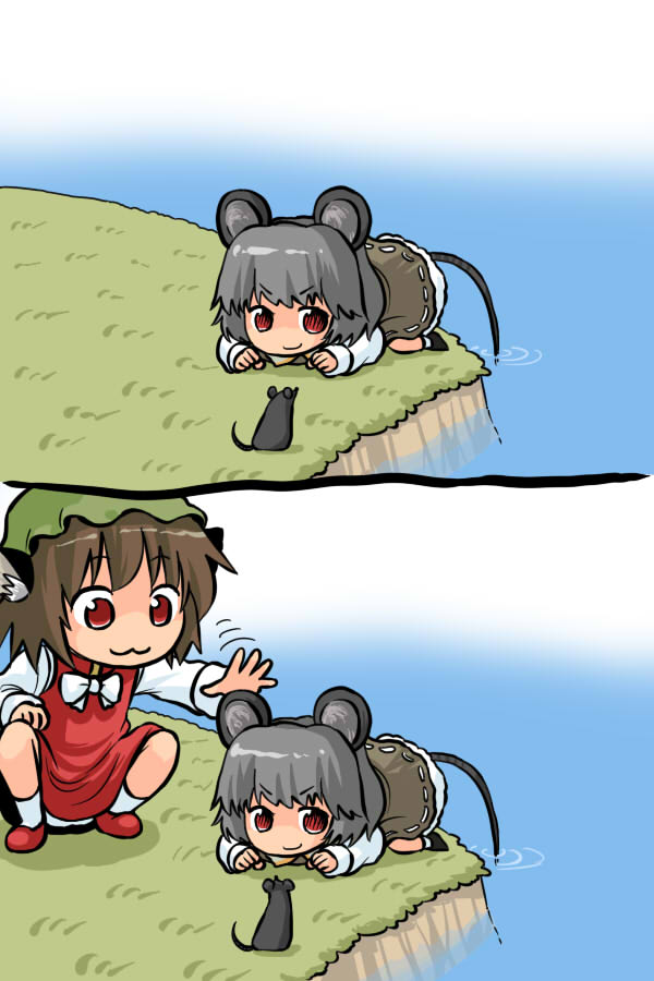 abekawa, chen, nazrin, touhou, 2girls, :3, animal ears, brown hair, cat ears, cat girl, cat tail, comic, female focus, fishing, grey hair, hat, mouse (animal), mouse ears, mouse tail, multiple girls, red eyes, short hair, silent comic, squatting, tail, water