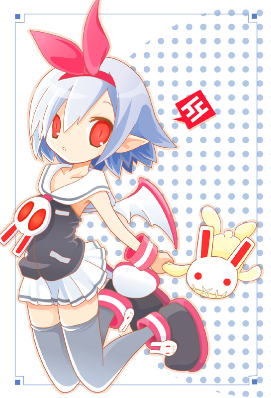 takakocha, pleinair, raspberyl, disgaea, makai senki disgaea 3, original, 1girl, blue hair, child, cosplay, female focus, hair ribbon, pointy ears, rabbit, raspberyl (cosplay), ribbon, skirt, solo, tail, thighhighs, wings