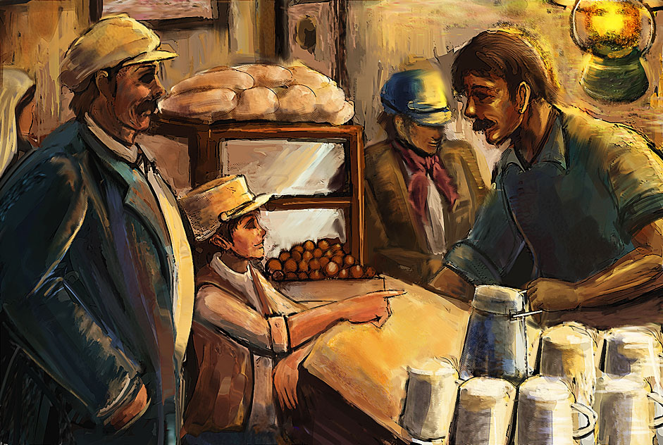 bccp, pazu, studio ghibli, tenkuu no shiro laputa, 4boys, facial hair, food, hat, male focus, market, meatball, multiple boys, mustache