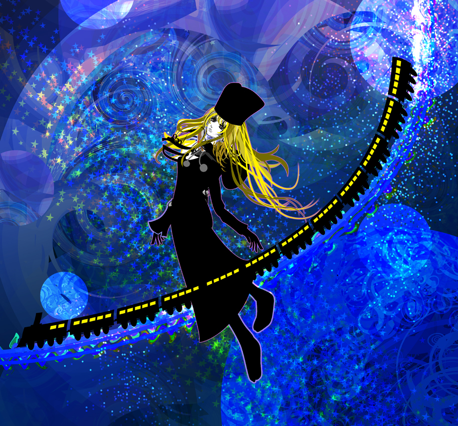 kazaana, maetel, three-nine (space train), ginga tetsudou 999, 1girl, abstract, blonde hair, brown eyes, female focus, fur hat, hat, locomotive, long hair, solo, space train, spacecraft, star (symbol), steam locomotive, surreal, train
