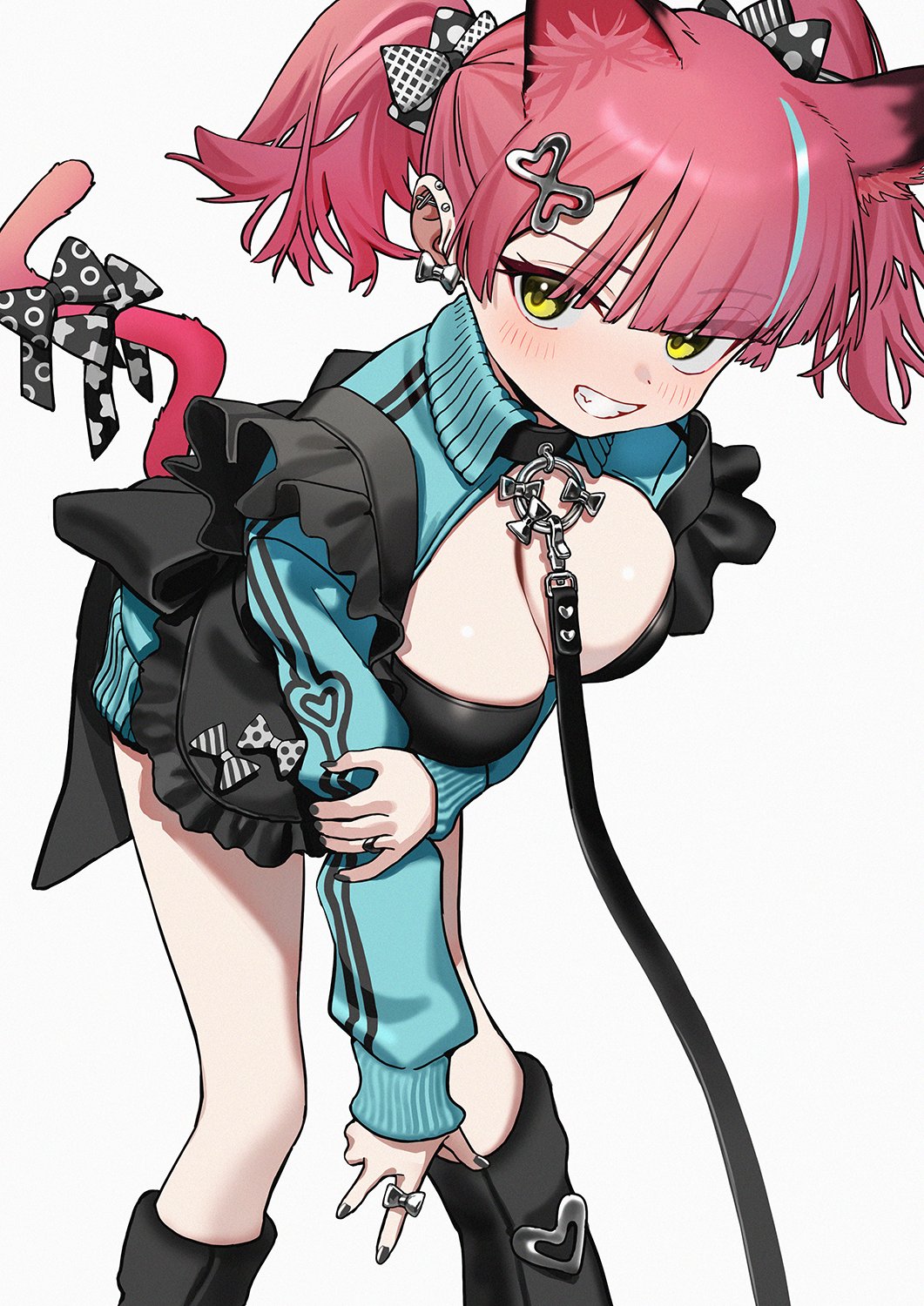 luicent, original, commentary, highres, symbol-only commentary, 1girl, animal ear fluff, animal ears, black nails, blunt bangs, blush, bow, breasts, cat ears, cat girl, cat tail, cleavage, cowboy shot, earrings, fang, frills, green eyes, grin, hair bow, hair ornament, jewelry, leash, looking at viewer, medium breasts, medium hair, pink hair, ring, simple background, smile, solo, tail, tail bow, tail ornament, teeth, twintails, white background, yellow eyes