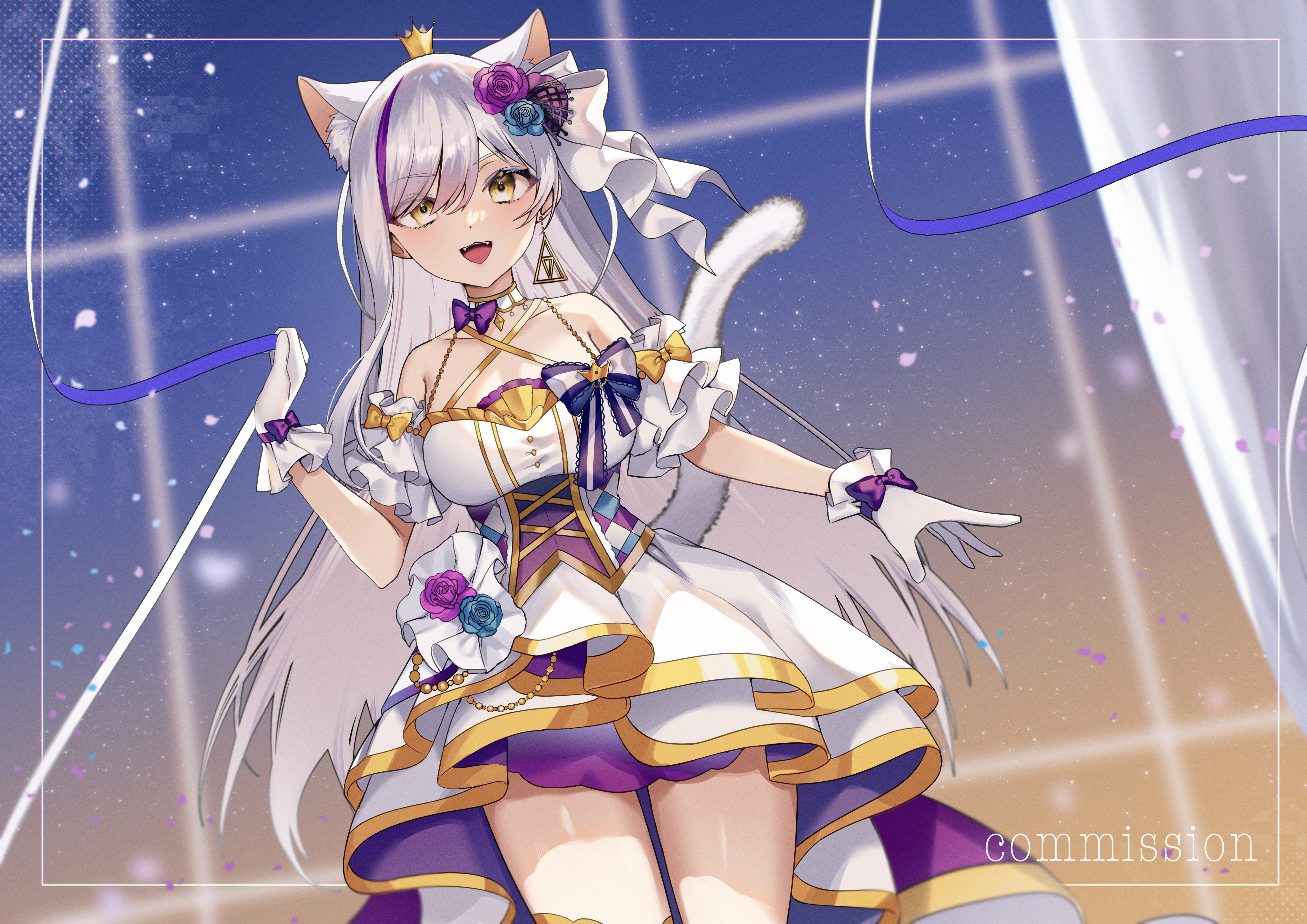 tanaka (tps9g), kamishiro kurea, indie virtual youtuber, absurdres, commission, highres, skeb commission, 1girl, animal ear fluff, animal ears, bare shoulders, blue flower, bow, cat ears, cat girl, cat tail, criss-cross halter, crown, dress, earrings, flower, gloves, gold trim, hair flower, hair ornament, halterneck, jewelry, long hair, mini crown, multicolored dress, multicolored hair, purple dress, purple flower, purple hair, ribbon, single earring, sleeveless, sleeveless dress, solo, streaked hair, tail, triangle earrings, virtual youtuber, white dress, white gloves, white hair, yellow eyes