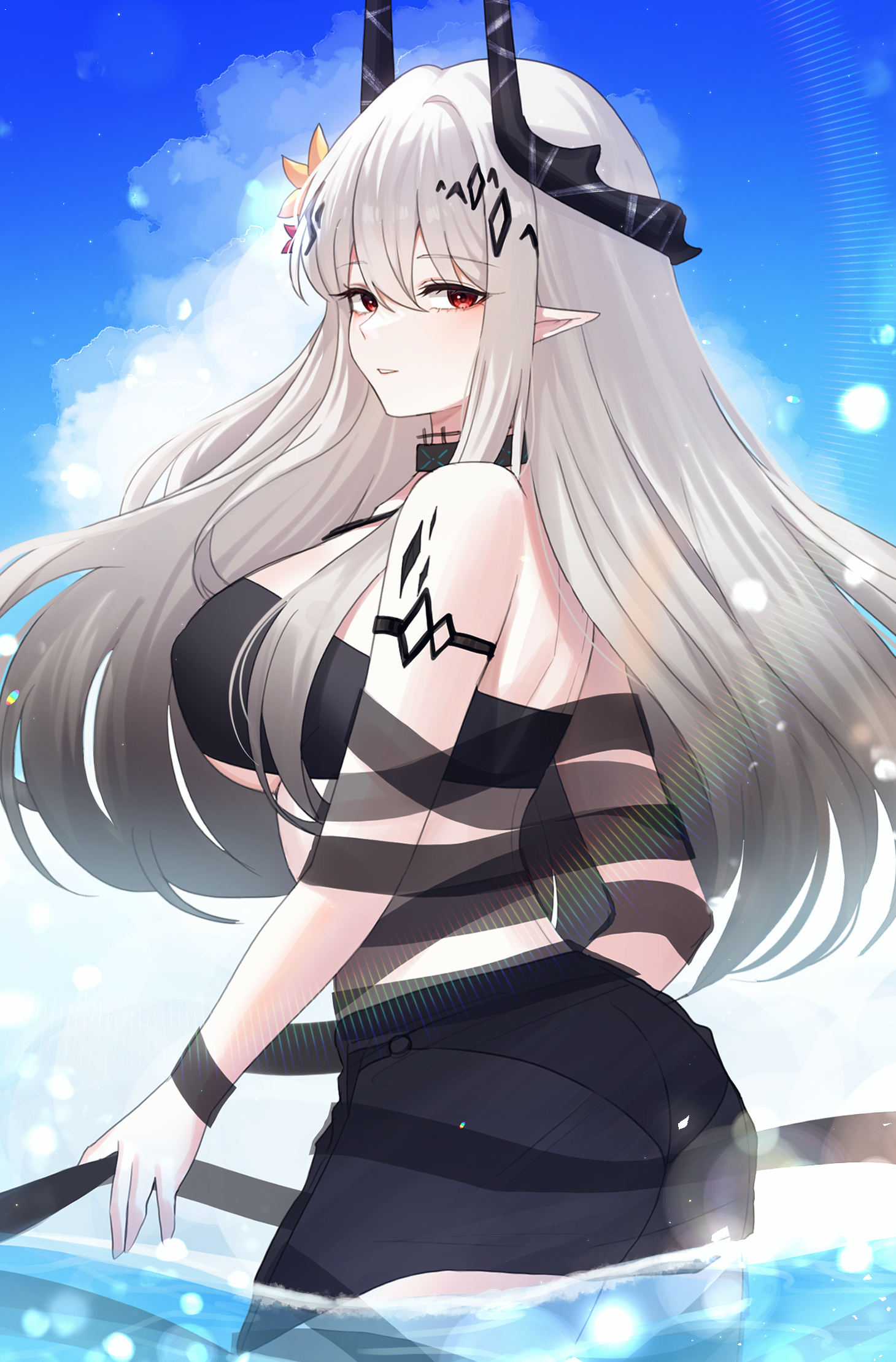 hyeroin, infection monitor (arknights), mudrock (arknights), mudrock (silent night) (arknights), arknights, commentary, highres, 1girl, black horns, black sarong, breasts, cowboy shot, day, grey hair, hair between eyes, horns, large breasts, lens flare, light particles, long hair, looking at viewer, material growth, official alternate costume, oripathy lesion (arknights), outdoors, parted lips, pointy ears, red eyes, sarong, see-through clothes, see-through sarong, smile, solo, standing, wading, water