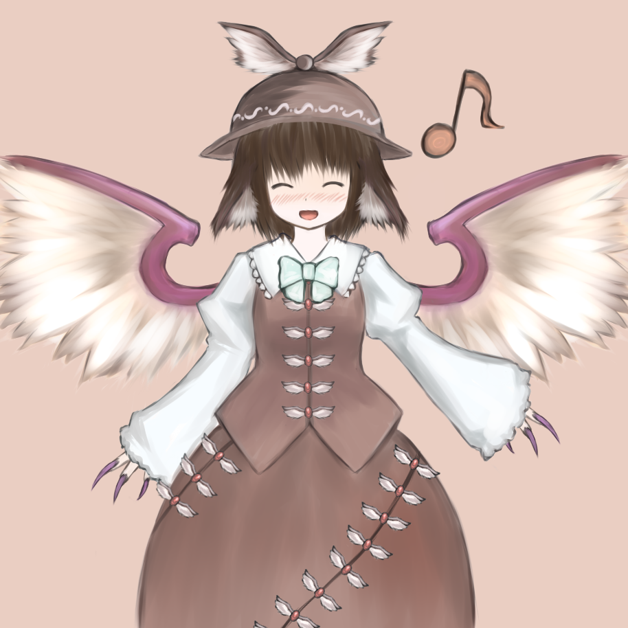 shiki shaku, mystia lorelei, touhou, bad id, bad pixiv id, 1girl, animal ears, blush, brown hair, closed eyes, female focus, fingernails, hat, long fingernails, musical note, nail (hardware), short hair, simple background, solo, wings
