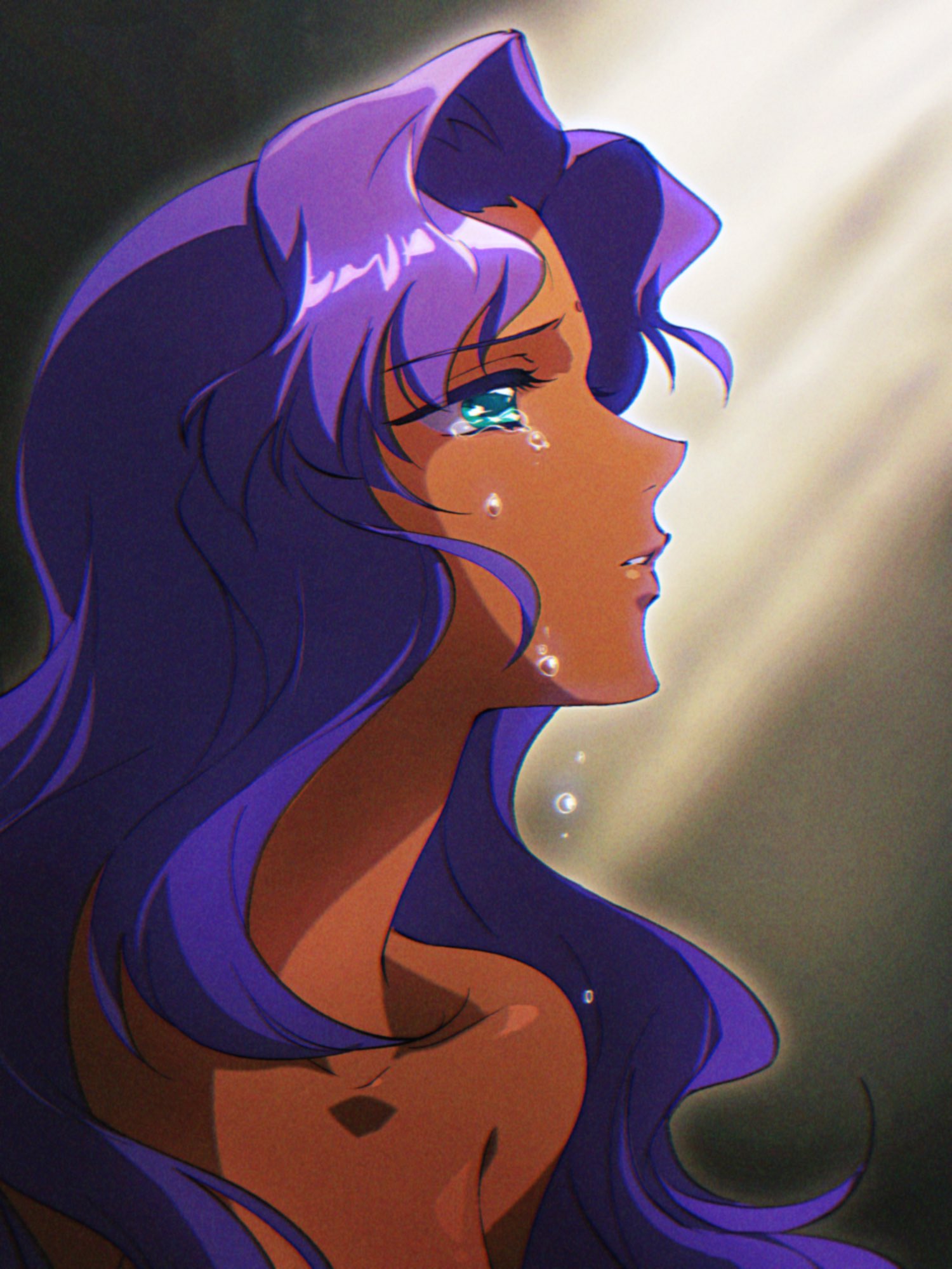 sonnambulo777, himemiya anthy, shoujo kakumei utena, highres, 1girl, collarbone, crying, crying with eyes open, dark-skinned female, dark skin, facial mark, forehead mark, green eyes, light rays, long hair, looking up, parted lips, purple hair, solo, tears