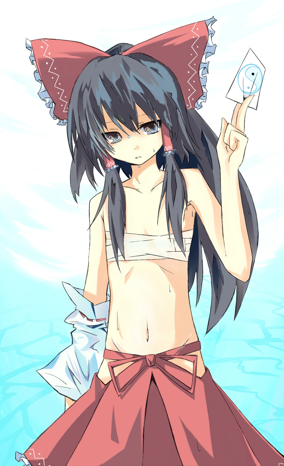 kitsune (artist), kitsune (scaz), hakurei reimu, touhou, highres, 1girl, armpits, bare shoulders, black eyes, black hair, detached sleeves, female focus, flat chest, gradient background, hair tubes, long hair, midriff, navel, ribbon, sarashi, skirt, solo, sweat, white background