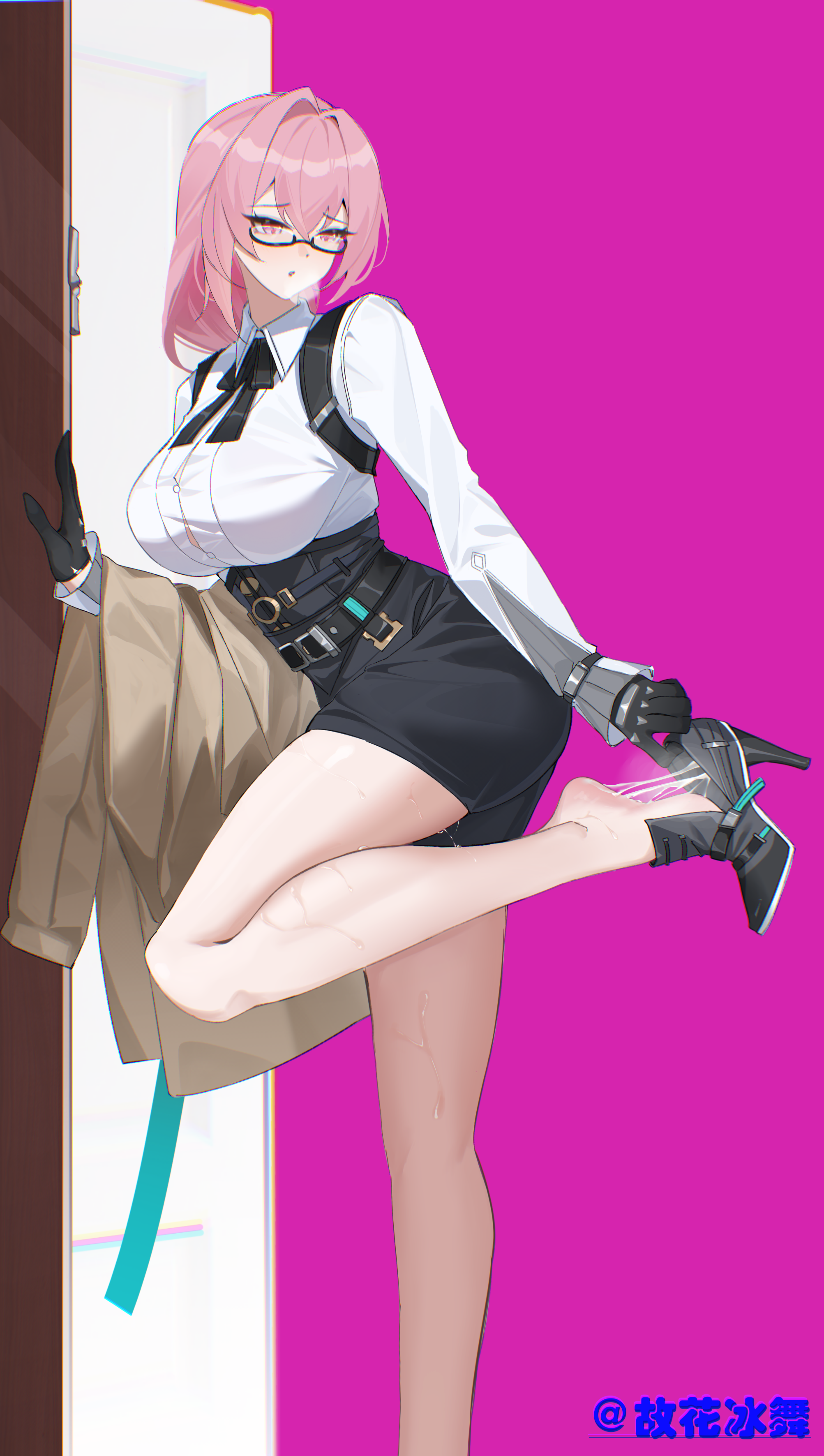 guhuabingwu, tsukishiro yanagi, zenless zone zero, absurdres, commentary request, highres, variant set, 1girl, black gloves, black shoes, black skirt, breasts, brown coat, button gap, coat, cum, cum in footwear, cum on body, cum on feet, feet out of frame, glasses, gloves, half-closed eyes, high-waist skirt, holding, holding coat, holding unworn clothes, large breasts, leaning, leg up, long hair, looking to the side, pencil skirt, pink background, pink eyes, pink hair, shirt, shoes, skirt, solo, standing, standing on one leg, sweat, twitter username, unworn coat, white shirt
