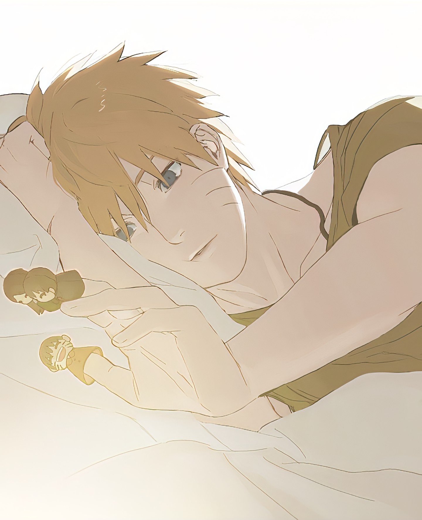 uzumaki naruto, naruto (series), hashtag-only commentary, highres, 1boy, blonde hair, blue eyes, character doll, doll, facial mark, jewelry, lying, male focus, mtk066621, necklace, on bed, on side, parted lips, short hair, simple background, solo, upper body, whisker markings, white background