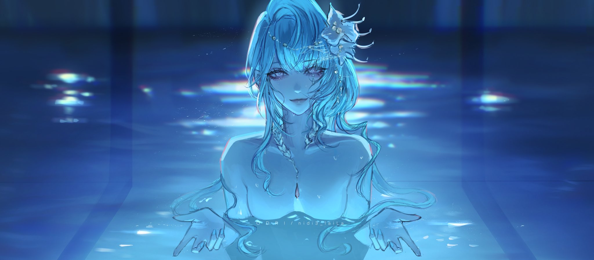 nidi3 laila, chainsaw man, path to nowhere, commentary, english commentary, highres, 1girl, artist name, asymmetrical bangs, black eyeliner, blue hair, blue theme, braid, breasts, chest jewel, collarbone, completely nude, eyeliner, glitter makeup, hair ornament, head tilt, i'll teach you everything (chainsaw man), lens flare, looking at viewer, makeup, nude, pearl hair ornament, pool, purple eyes, reflection, reflective liquid, shell, shell hair ornament, single hair intake, small breasts, smile, solo, straight-on, upper body, water, water drop, wet