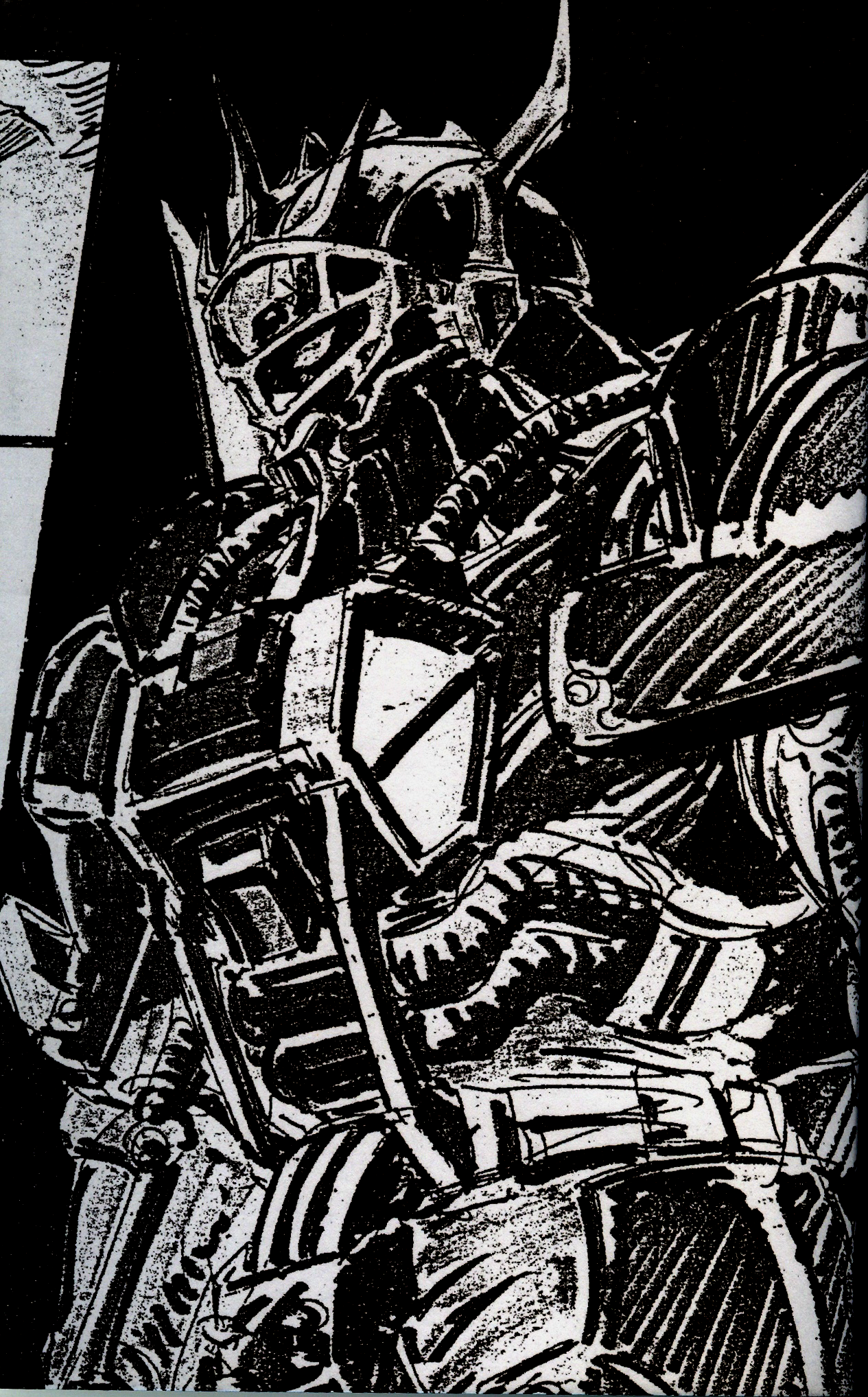 mds-02 geist, m.d. geist, 1980s (style), highres, 1990s (style), 1boy, armor, greyscale, monochrome, no humans, oldschool, retro artstyle, solo