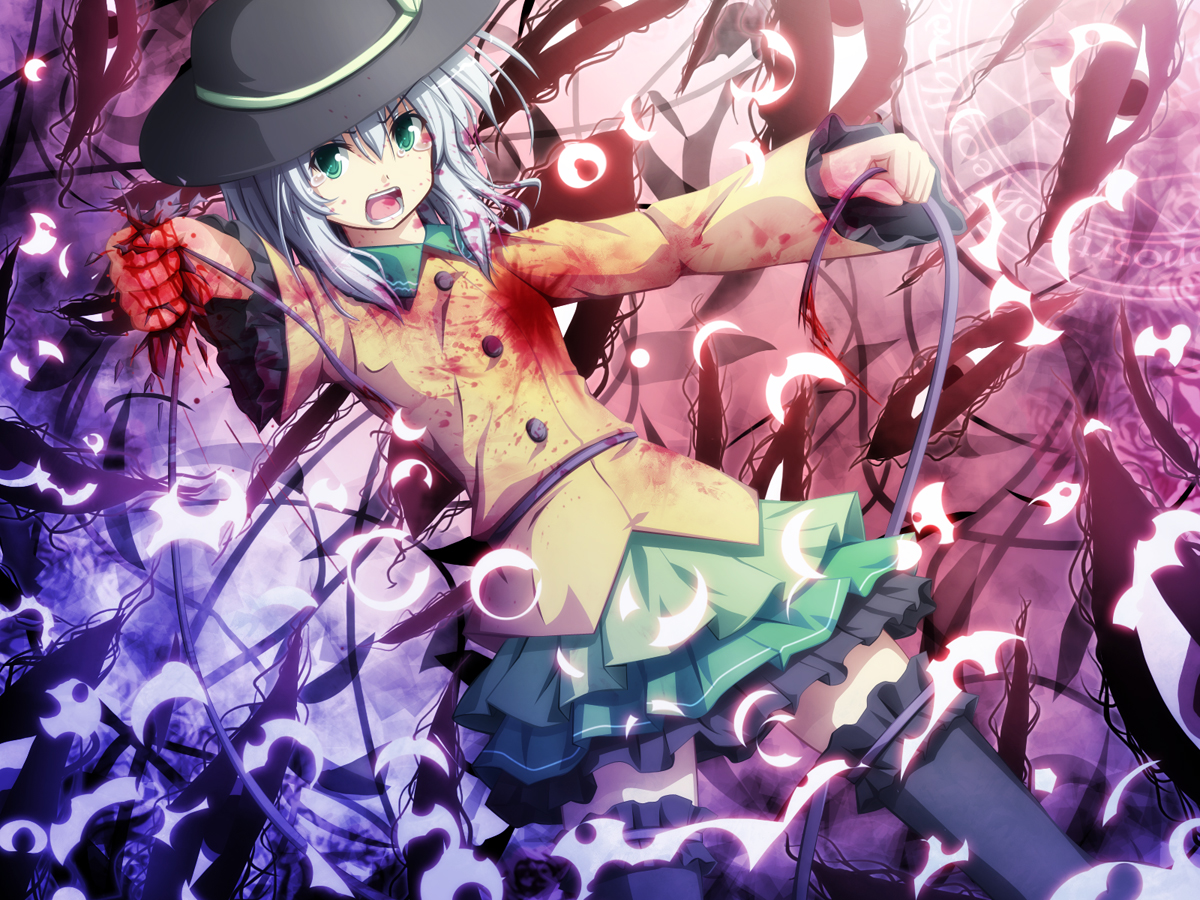 akashio (loli ace), komeiji koishi, touhou, silver hair, bad id, bad pixiv id, 1girl, black thighhighs, blood, female focus, gap (touhou), green eyes, hat, open mouth, skirt, solo, tears, thighhighs