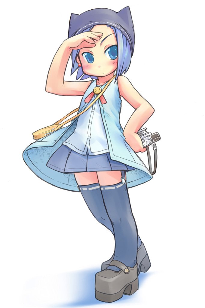 waka (artist), waka (sagi), original, 1girl, blue eyes, blush, camera, child, female focus, solo, thighhighs, zettai ryouiki