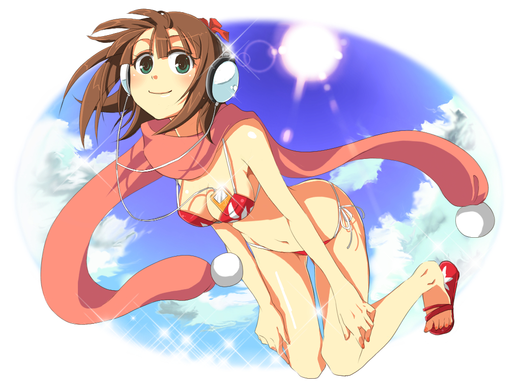hiiro (kikokico), kiko, amami haruka, idolmaster, idolmaster (classic), bad id, bad pixiv id, 00s, 1girl, bikini, breasts, brown hair, cleavage, day, female focus, floral print, green eyes, headphones, legs, lens flare, medium breasts, midair, nail polish, navel, object in clothes, object in swimsuit, pink nails, red bikini, sandals, scarf, short hair, side-tie bikini bottom, sky, smile, solo, string bikini, swimsuit