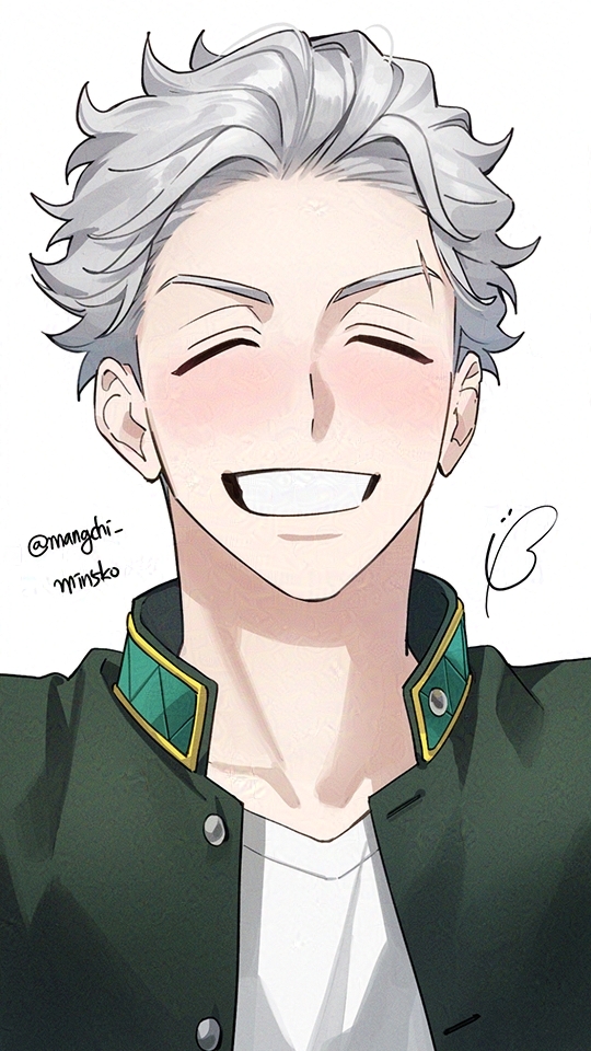 umemiya hajime, wind breaker (nii satoru), 1boy, blush, closed eyes, green jacket, grin, jacket, male focus, mangchi min5ko, open clothes, open jacket, school uniform, shirt, short hair, smile, solo, teeth, twitter username, white background, white hair, white shirt