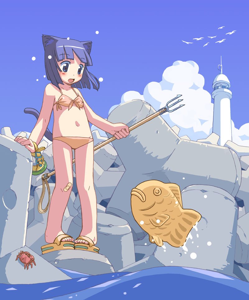 waka (artist), waka (sagi), original, 1girl, animal ears, bandaid, bandaid on knee, bandaid on leg, bikini, bird, blue eyes, blue hair, blunt bangs, blush, bob cut, cat ears, cat tail, child, cloud, crab, crustacean, day, diving mask, female focus, food, goggles, holding, lighthouse, matching hair/eyes, navel, open mouth, orange bikini, outdoors, pigeon-toed, polearm, sandals, sky, solo, spear, standing, swimsuit, tail, taiyaki, tetrapod, trident, wagashi, water, weapon