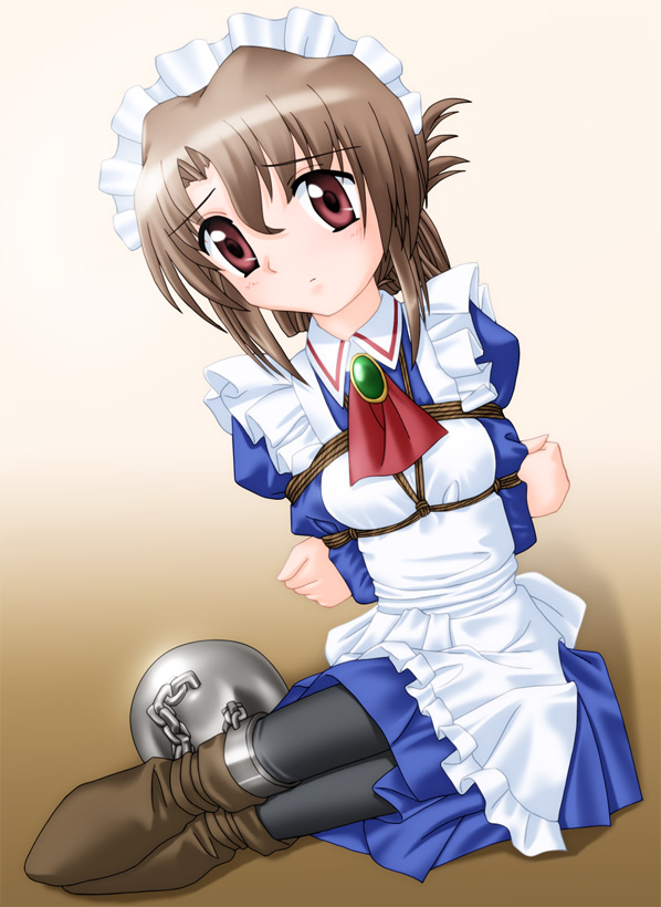 kannazuki okuto, maria (hayate no gotoku!), hayate no gotoku!, 00s, 1girl, arms behind back, bdsm, bondage, bound, box tie, breast bondage, brown eyes, brown hair, chain, female focus, folded ponytail, maid, solo