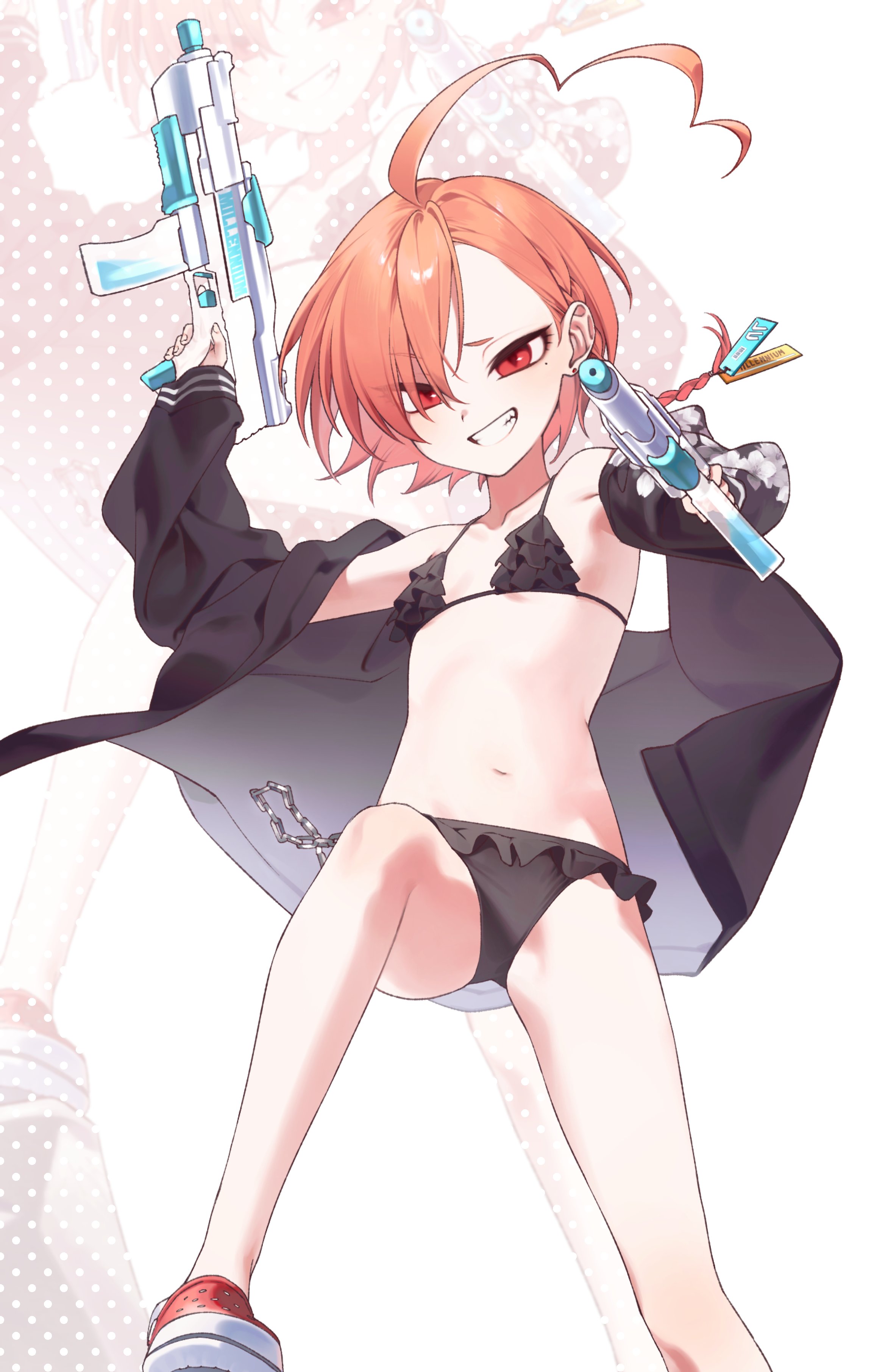 neru (blue archive), neru (swimsuit) (blue archive), blue archive, artist request, 1girl, ahoge, aiming, bikini, black bikini, black shirt, braid, breasts, chain, crocs, earrings, frilled bikini, frills, gun, hair ornament, holding, holding gun, holding weapon, huge ahoge, jewelry, mole, mole under eye, myata, off-shoulder shirt, off shoulder, open clothes, open shirt, orange hair, red eyes, red shoes, shirt, shoes, short hair, side braid, small breasts, smile, solo, standing, swimsuit, weapon, white background